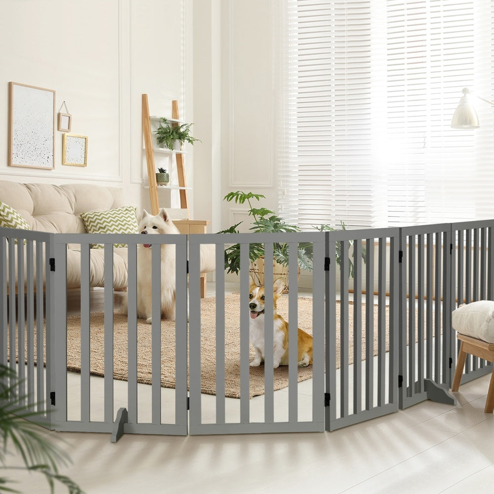 Grey Wooden Pet Gate Dog Fence with 6 Panels 80cm