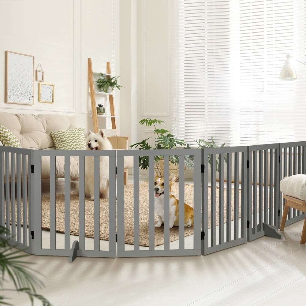 Grey Wooden Pet Gate Safety Stair Barrier with 6 Panels