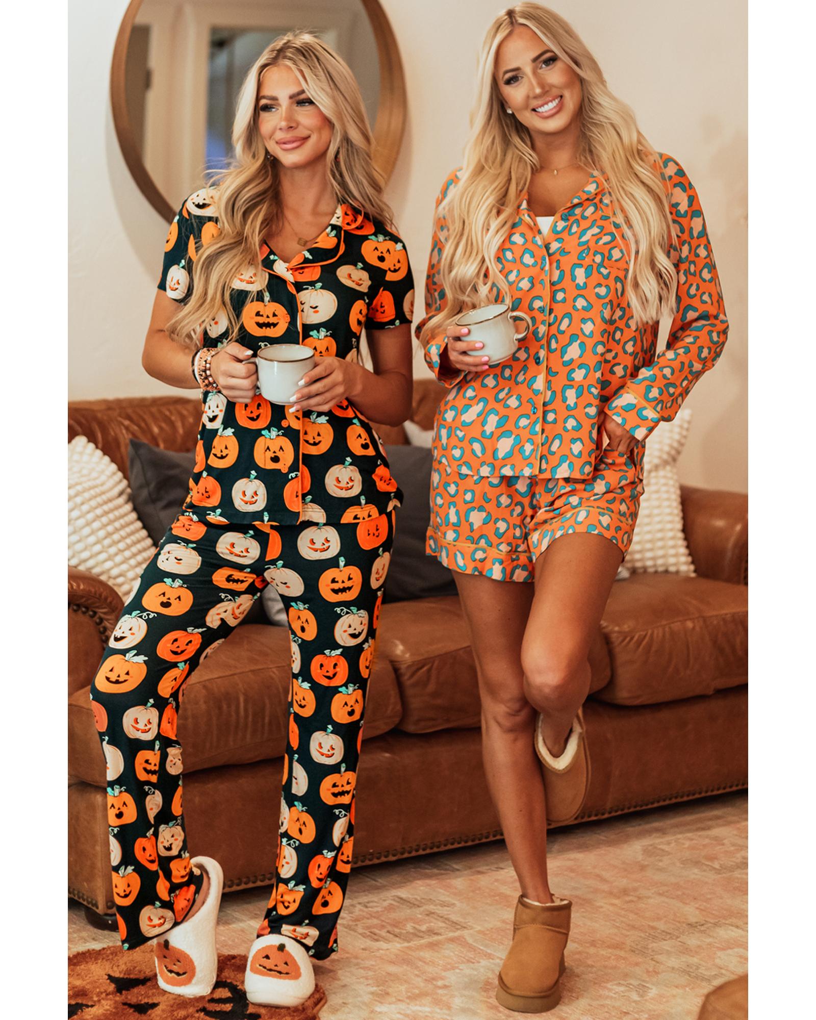 Orange Halloween Pattern Short Sleeve Shirt Pajama Set - S