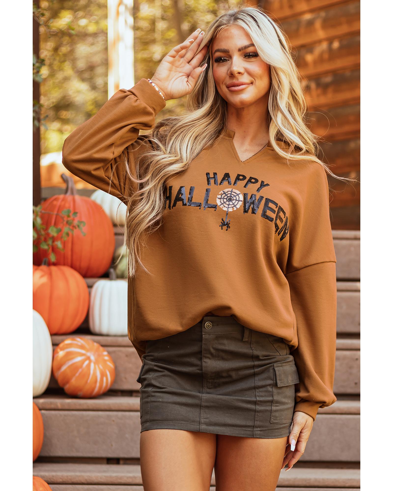 Chestnut Sequin Happy Halloween Graphic Notched Neck Long Sleeve Loose Top - 2XL