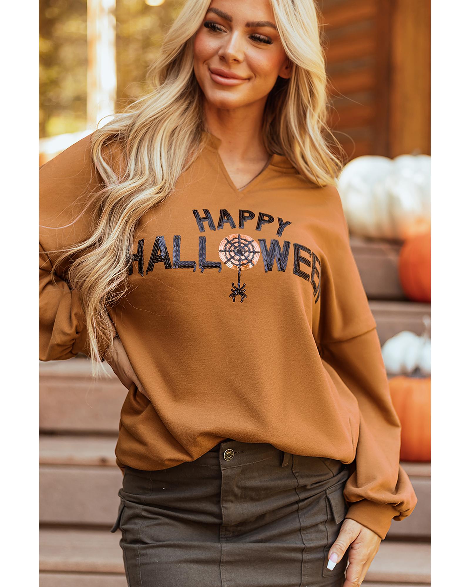 Chestnut Sequin Happy Halloween Graphic Notched Neck Long Sleeve Loose Top - 2XL