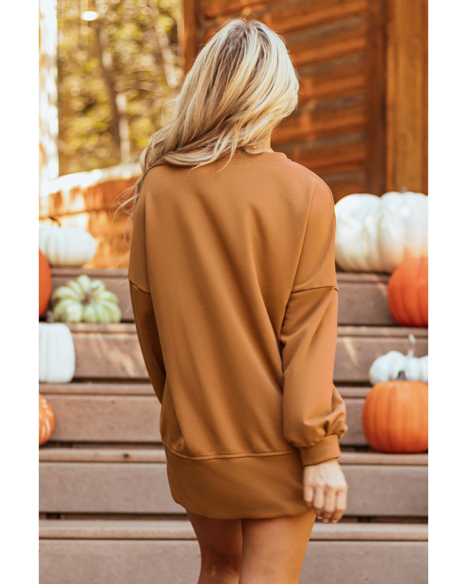 Chestnut Sequin Happy Halloween Graphic Notched Neck Long Sleeve Loose Top - 2XL