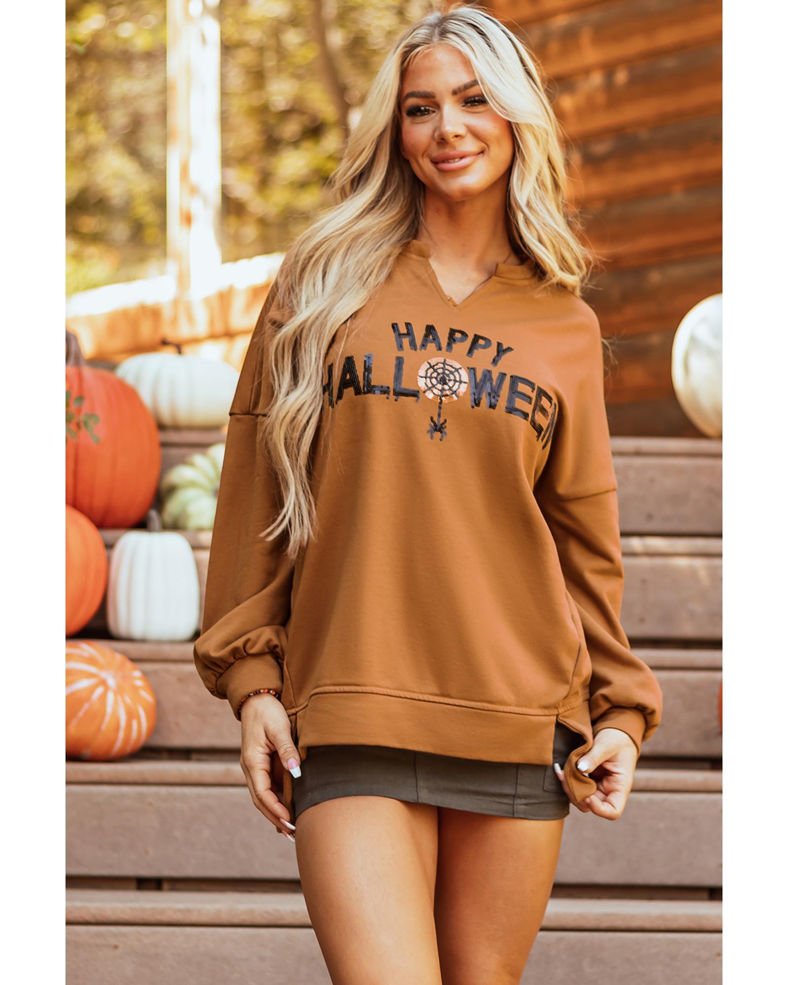 Chestnut Sequin Happy Halloween Graphic Notched Neck Long Sleeve Loose Top - 2XL