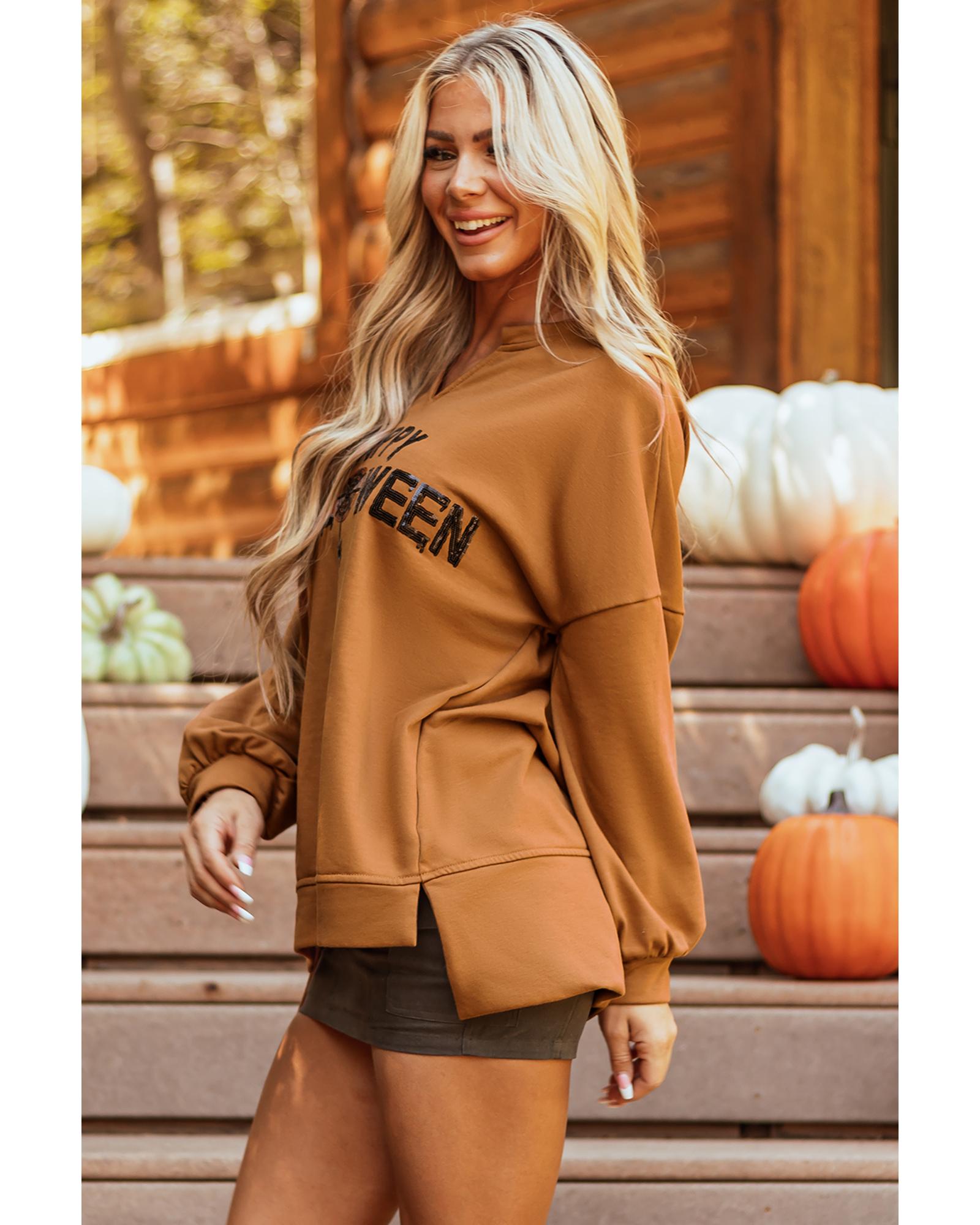 Chestnut Sequin Happy Halloween Graphic Notched Neck Long Sleeve Loose Top - L