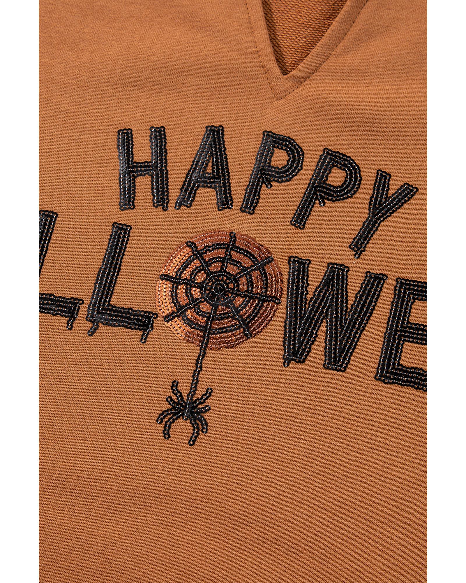 Chestnut Sequin Happy Halloween Graphic Notched Neck Long Sleeve Loose Top - XL