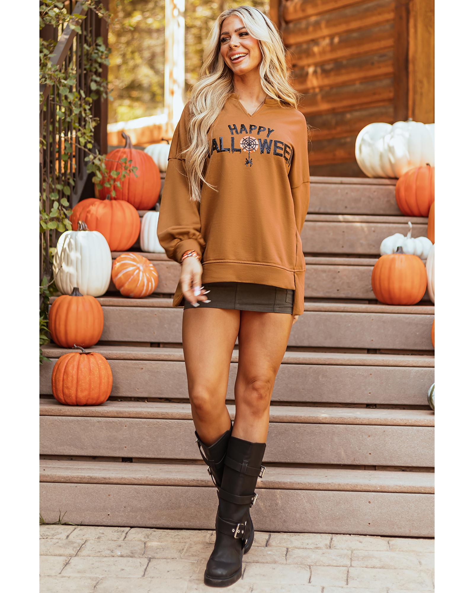 Chestnut Sequin Happy Halloween Graphic Notched Neck Long Sleeve Loose Top - XL