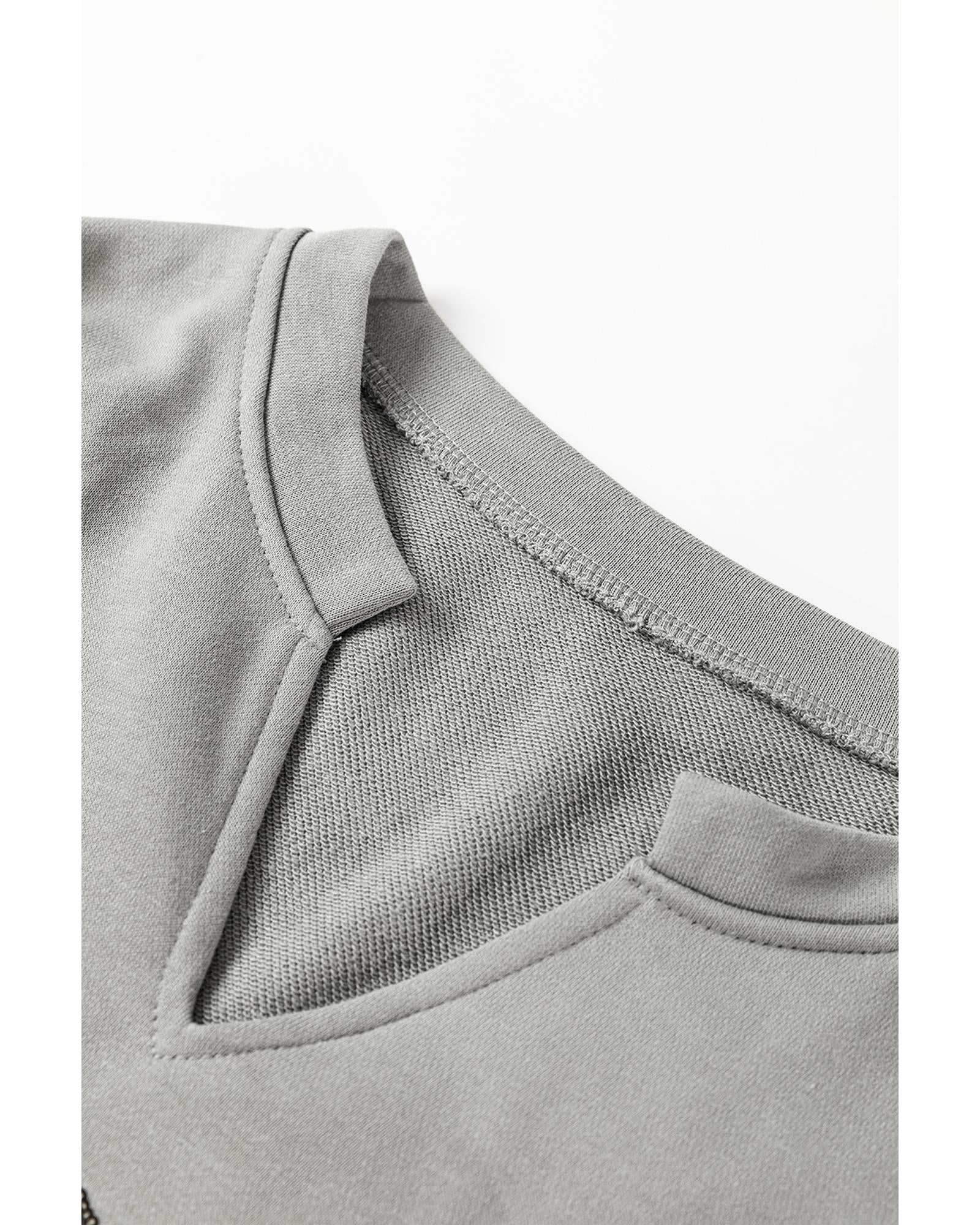Medium Grey Sequin Happy Halloween Graphic Notched Neck Long Sleeve Loose Top - M