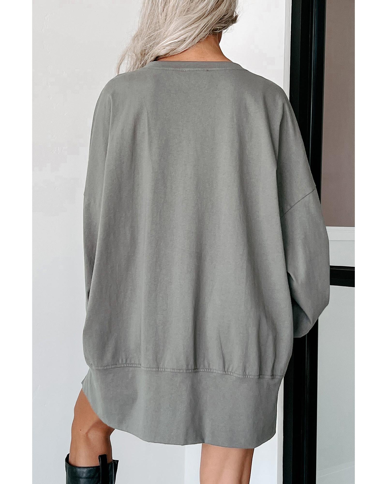 Medium Grey Sequin Happy Halloween Graphic Notched Neck Long Sleeve Loose Top - M