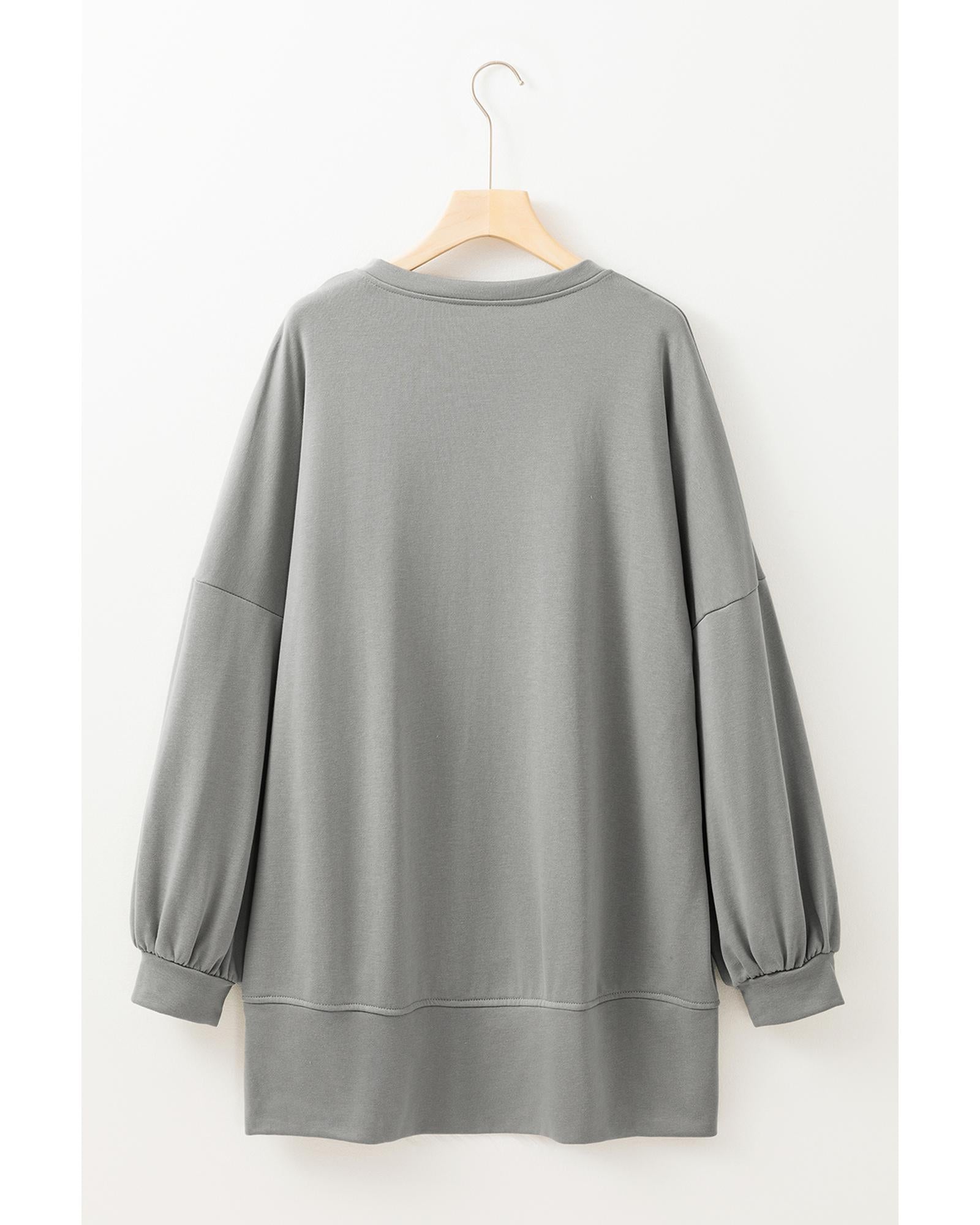 Medium Grey Sequin Happy Halloween Graphic Notched Neck Long Sleeve Loose Top - S