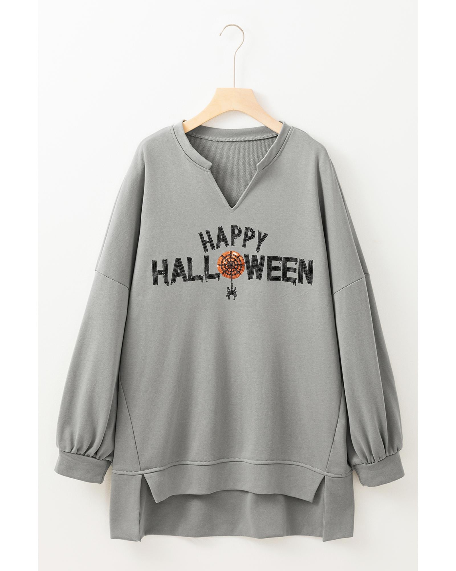 Medium Grey Sequin Happy Halloween Graphic Notched Neck Long Sleeve Loose Top - XL