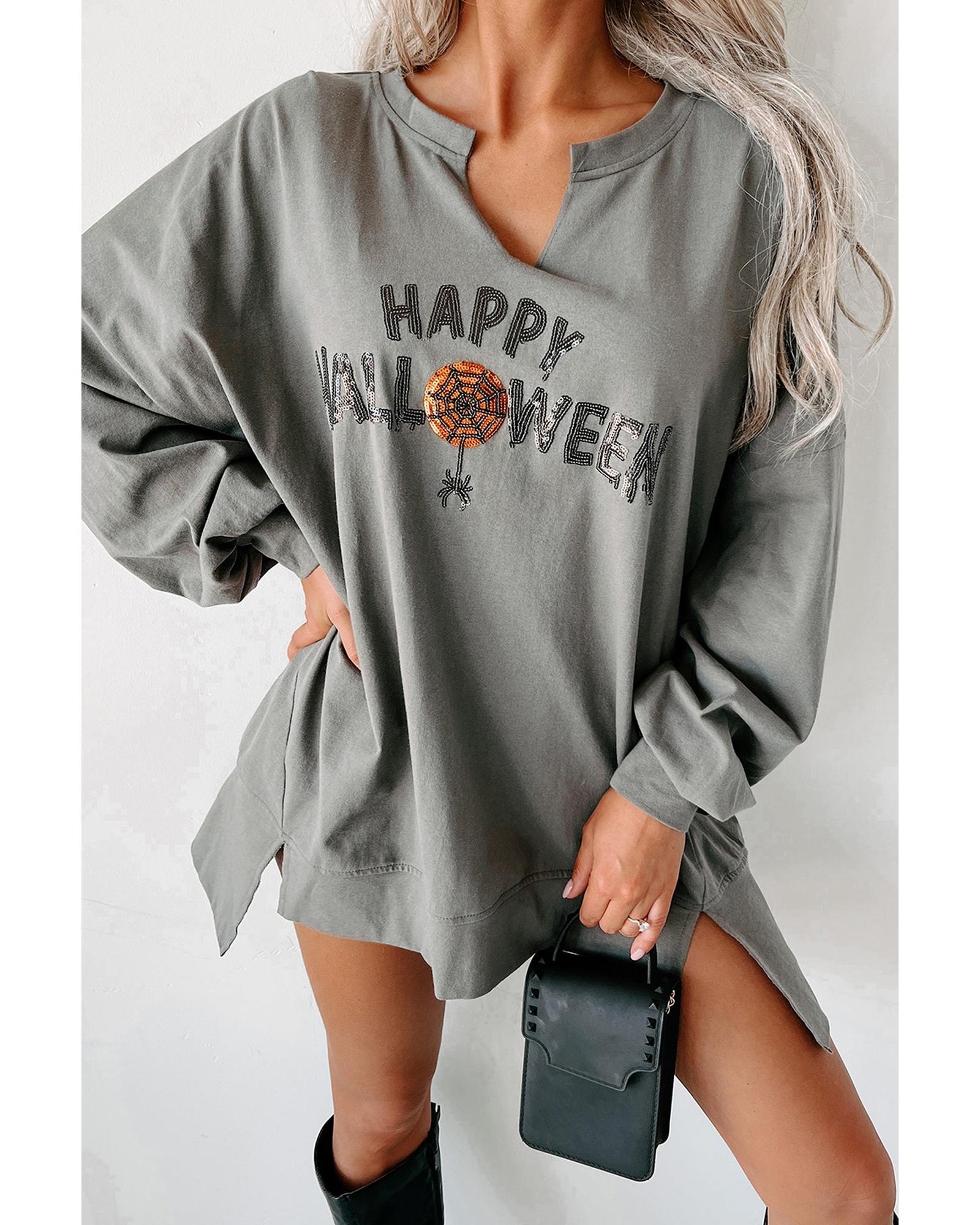 Medium Grey Sequin Happy Halloween Graphic Notched Neck Long Sleeve Loose Top - XL