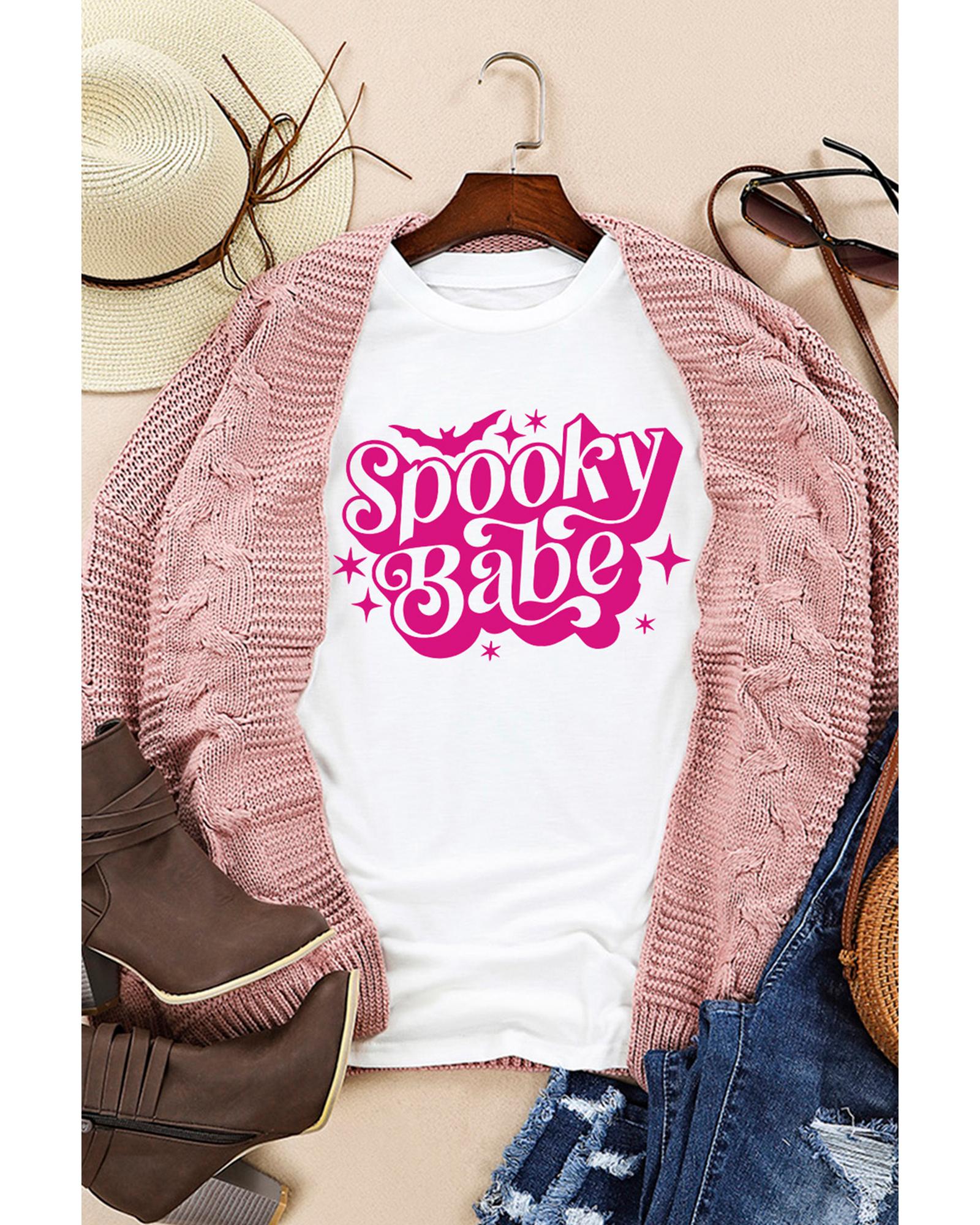 White Spooky Babe Bat Print Halloween Crewneck T Shirt - XL