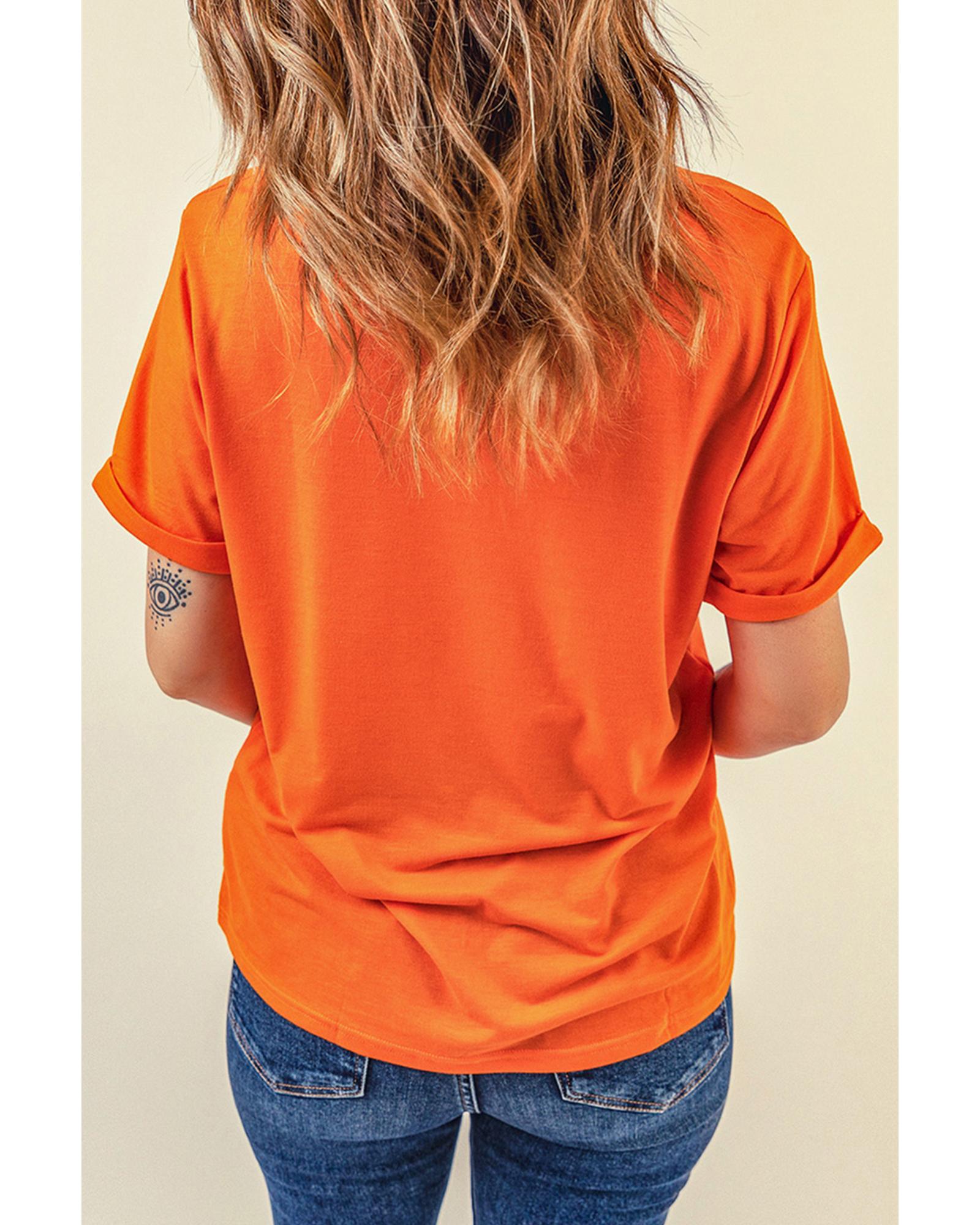 Orange Halloween Pumpkin Face Print Crew Neck T Shirt - S
