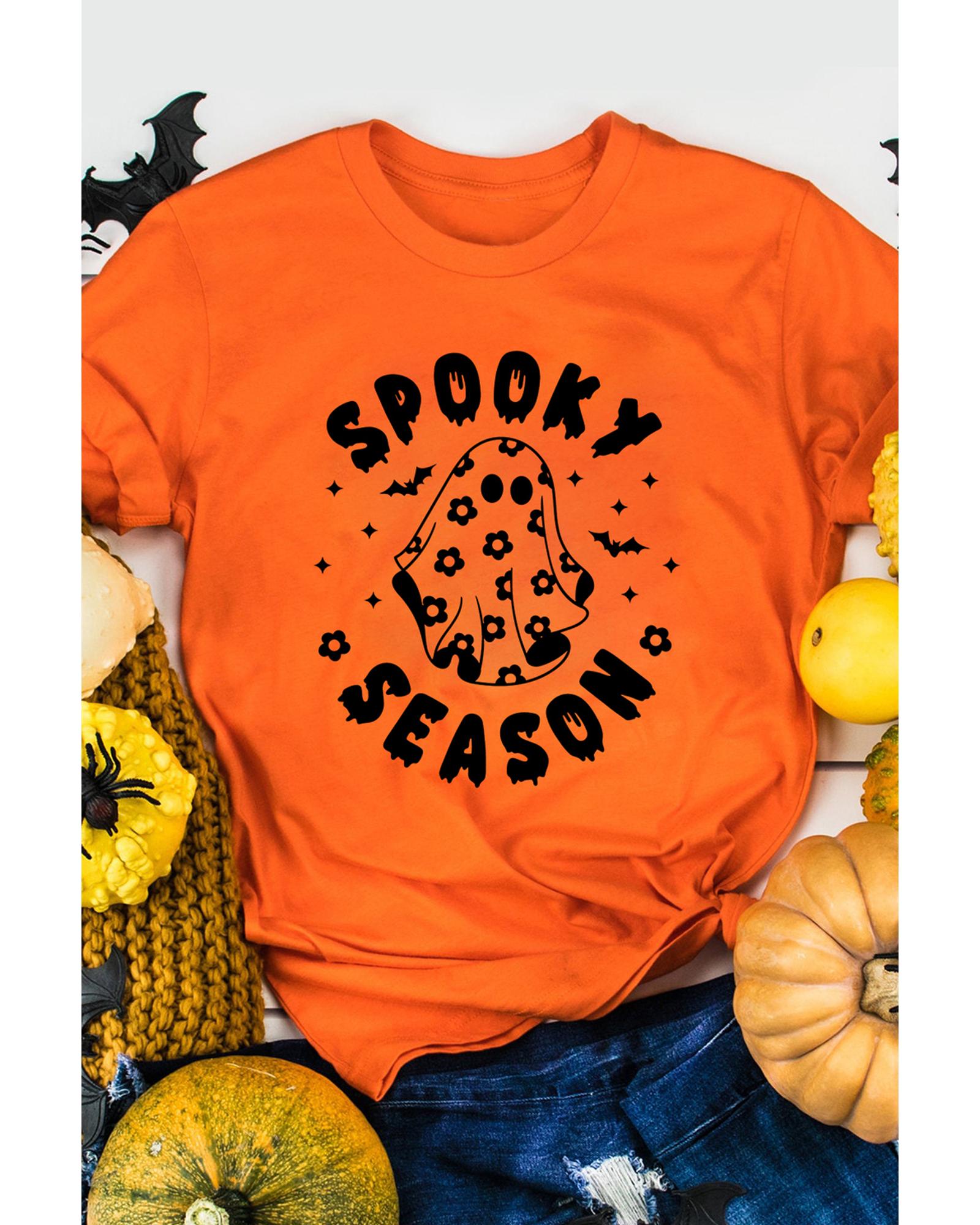 Orange SPOOKY SEASON Ghost Print Crew Neck Halloween Tee - S