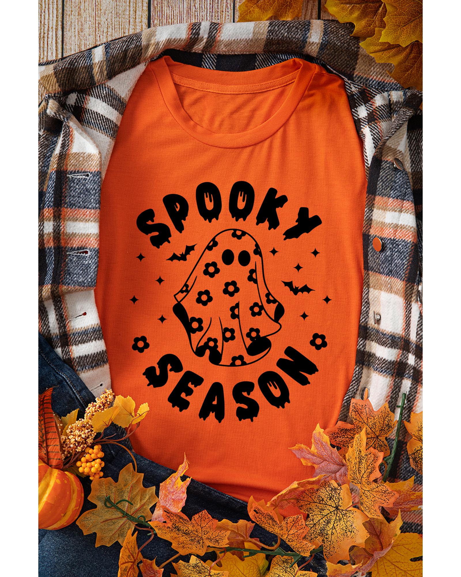 Orange SPOOKY SEASON Ghost Print Crew Neck Halloween Tee - S