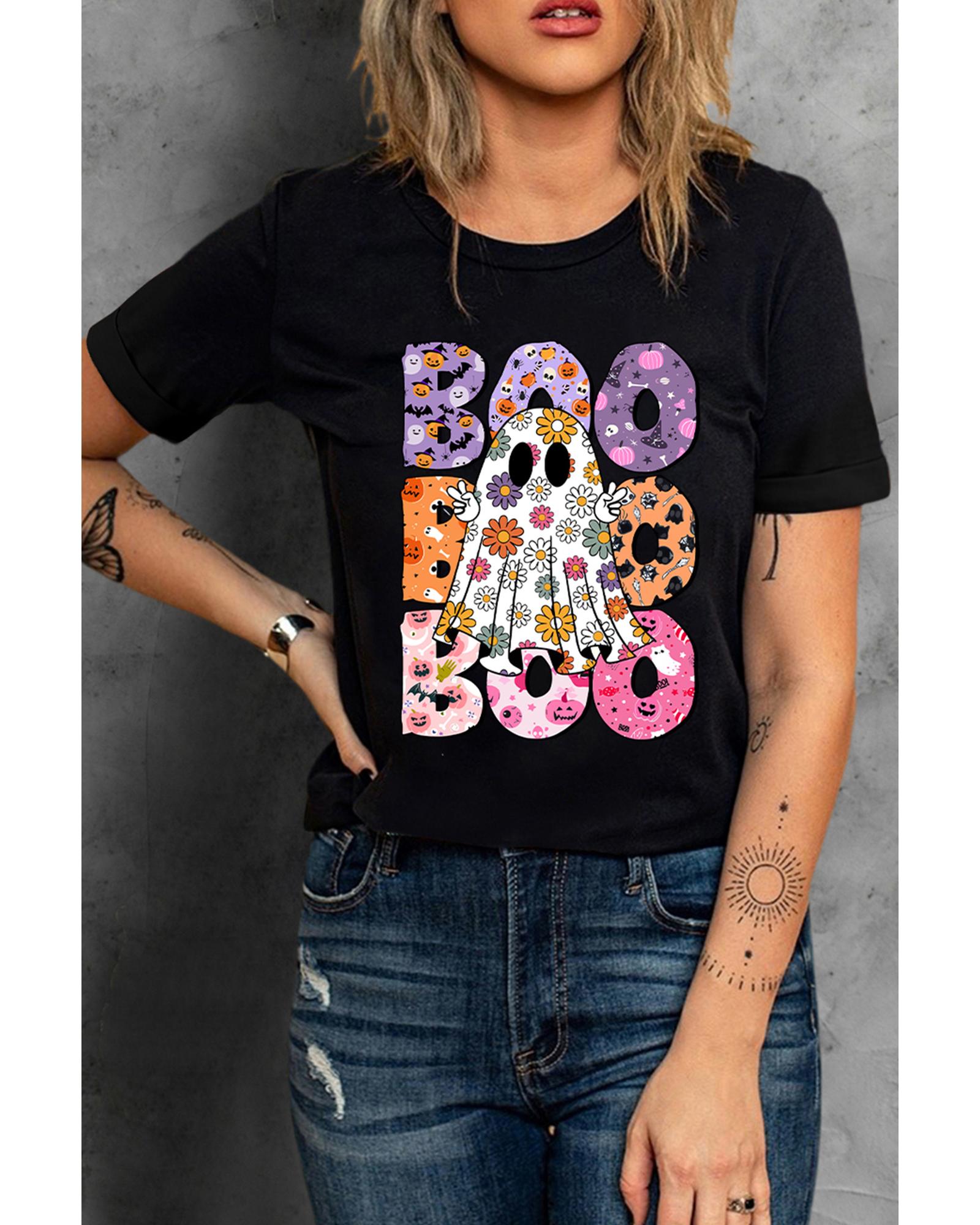 Black BOO Floral Ghost Print Crew Neck Halloween T Shirt - 2XL