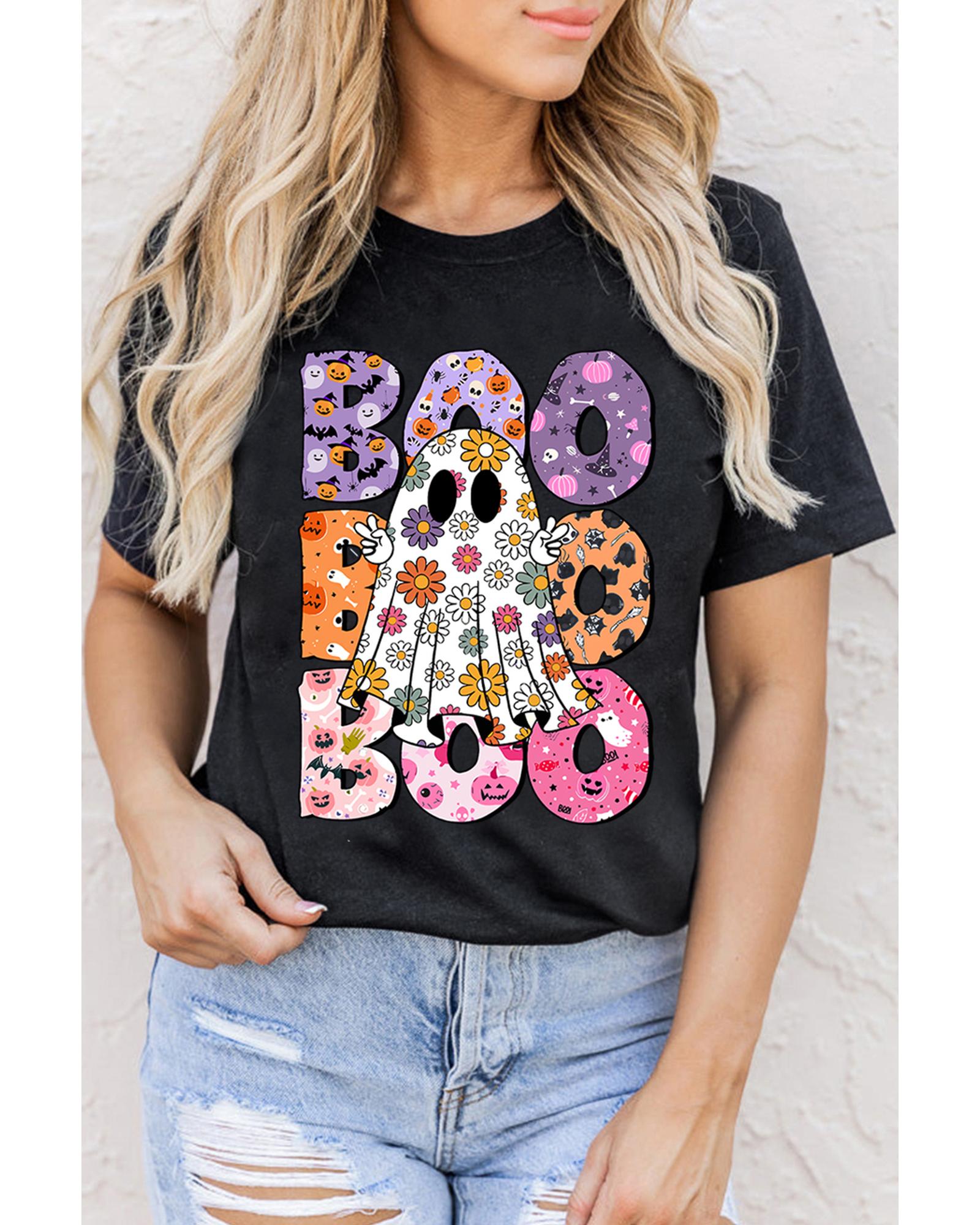 Black BOO Floral Ghost Print Crew Neck Halloween T Shirt - 2XL