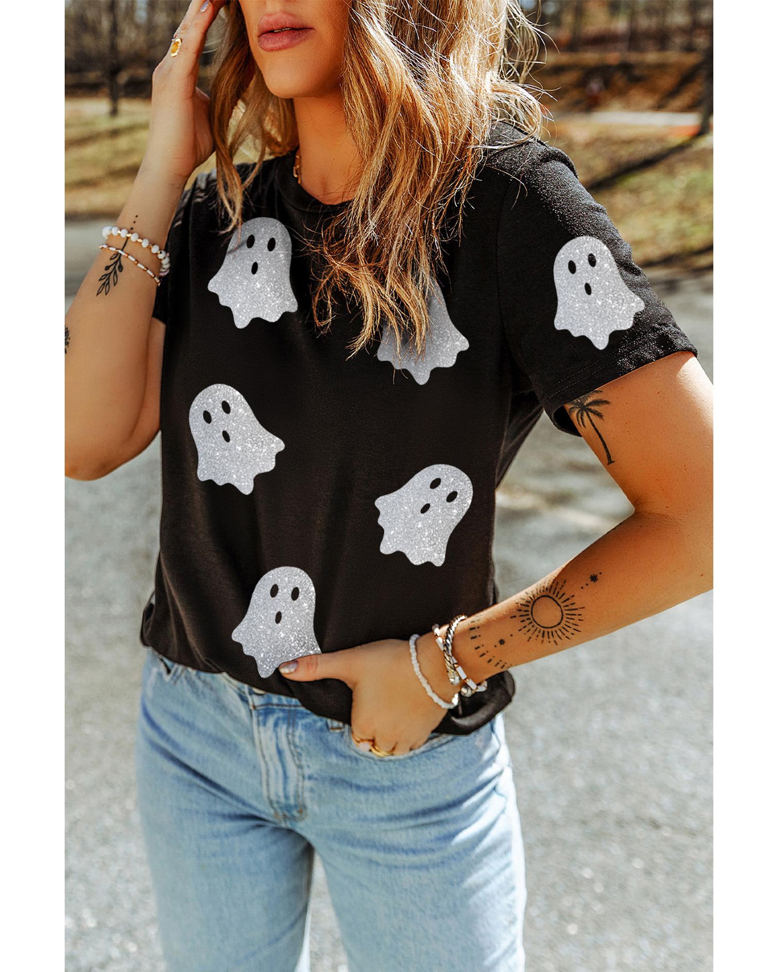 Black Glitter Ghost Pattern Crew Neck Halloween T Shirt - XL