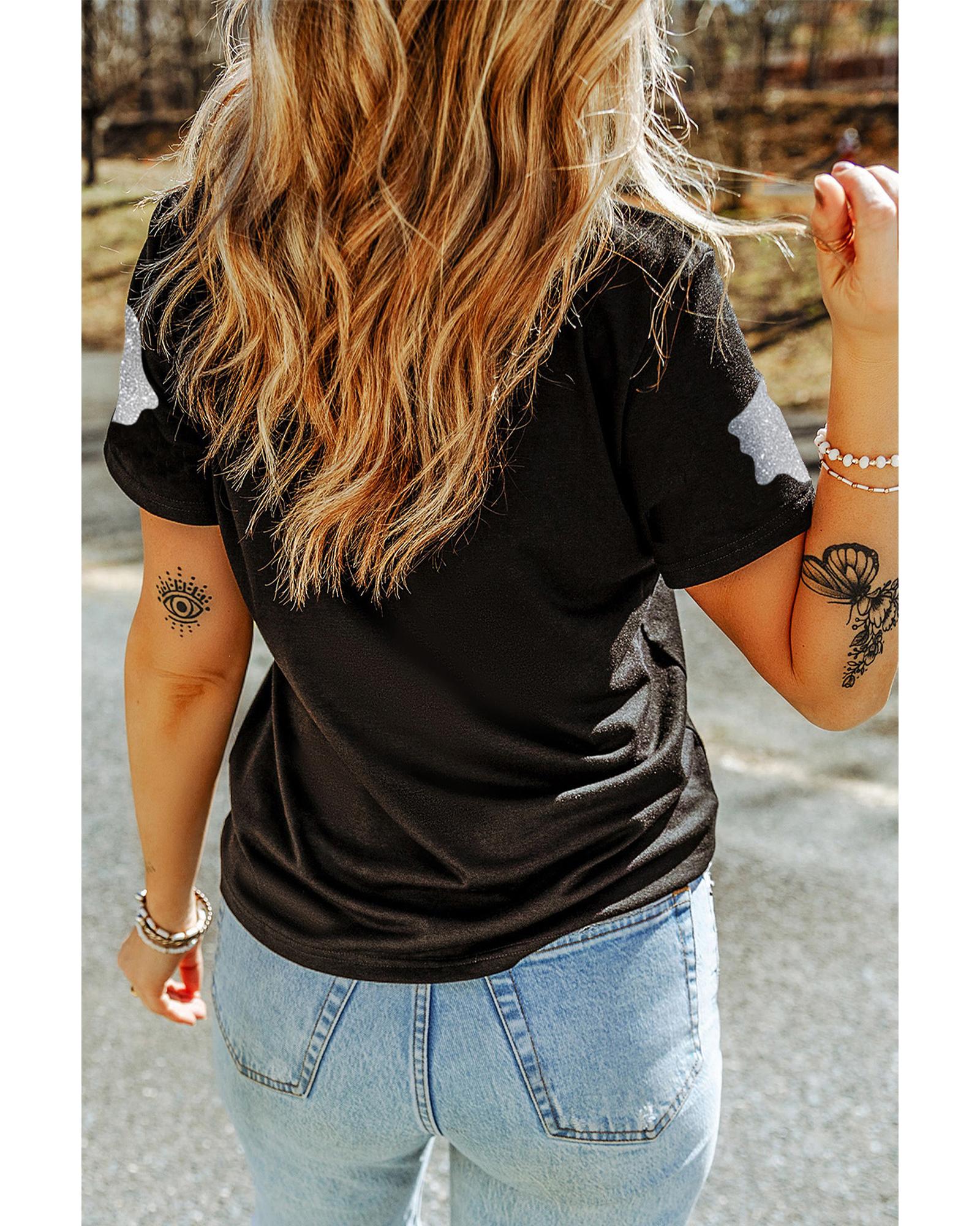 Black Glitter Ghost Pattern Crew Neck Halloween T Shirt - XL