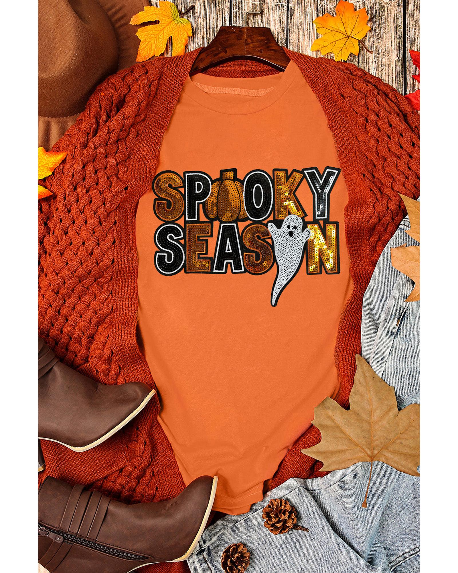 Orange Sequin SPOOKY SEASON Ghost Pattern Halloween T Shirt - S
