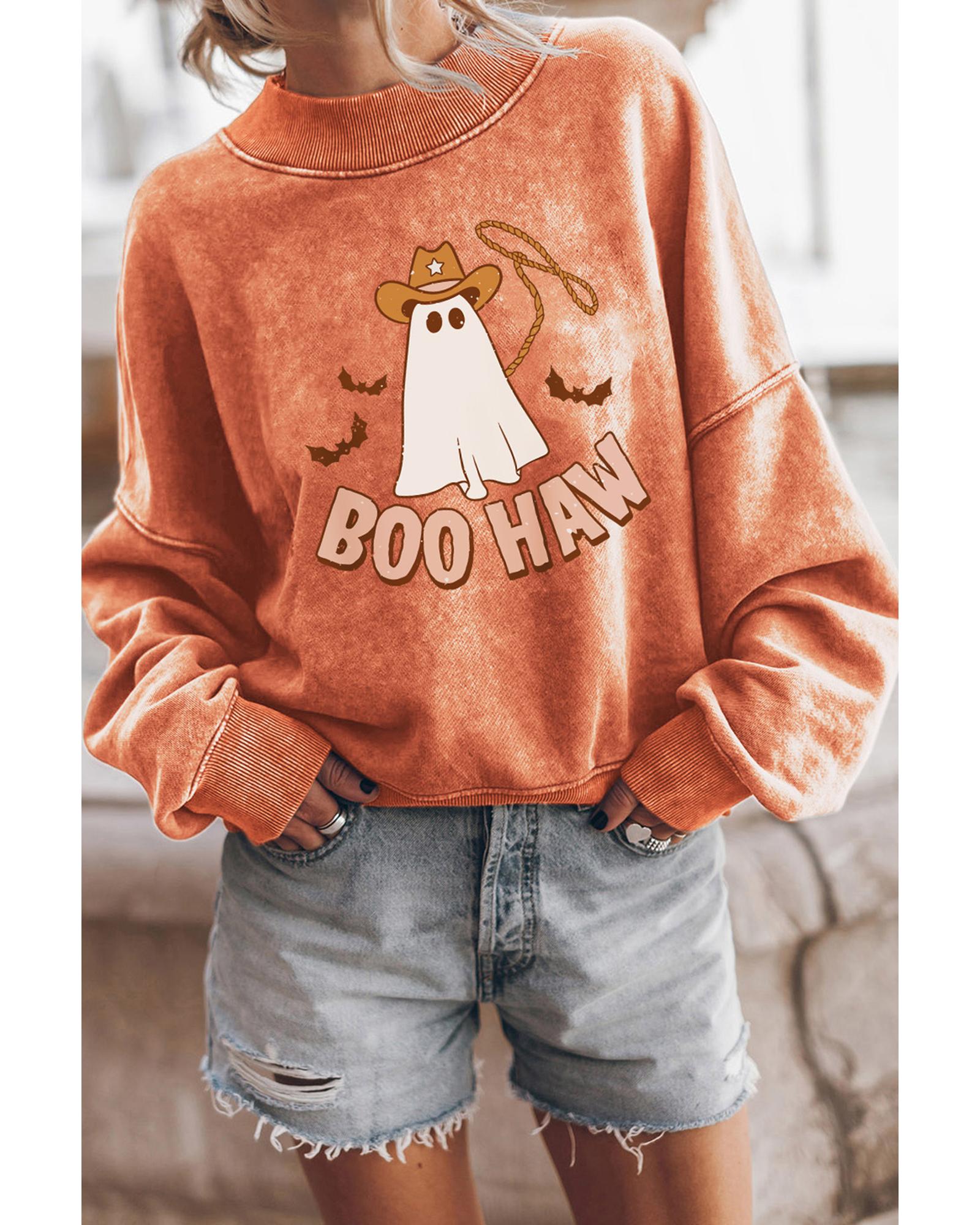 Orange BOO HAW Ghost Halloween Print Drop Sleeve Sweatshirt - 2XL