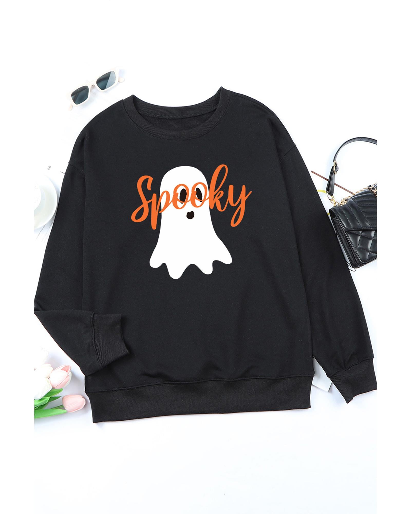 Black Halloween Spooky Ghost Print Crewneck Pullover Sweatshirt - M