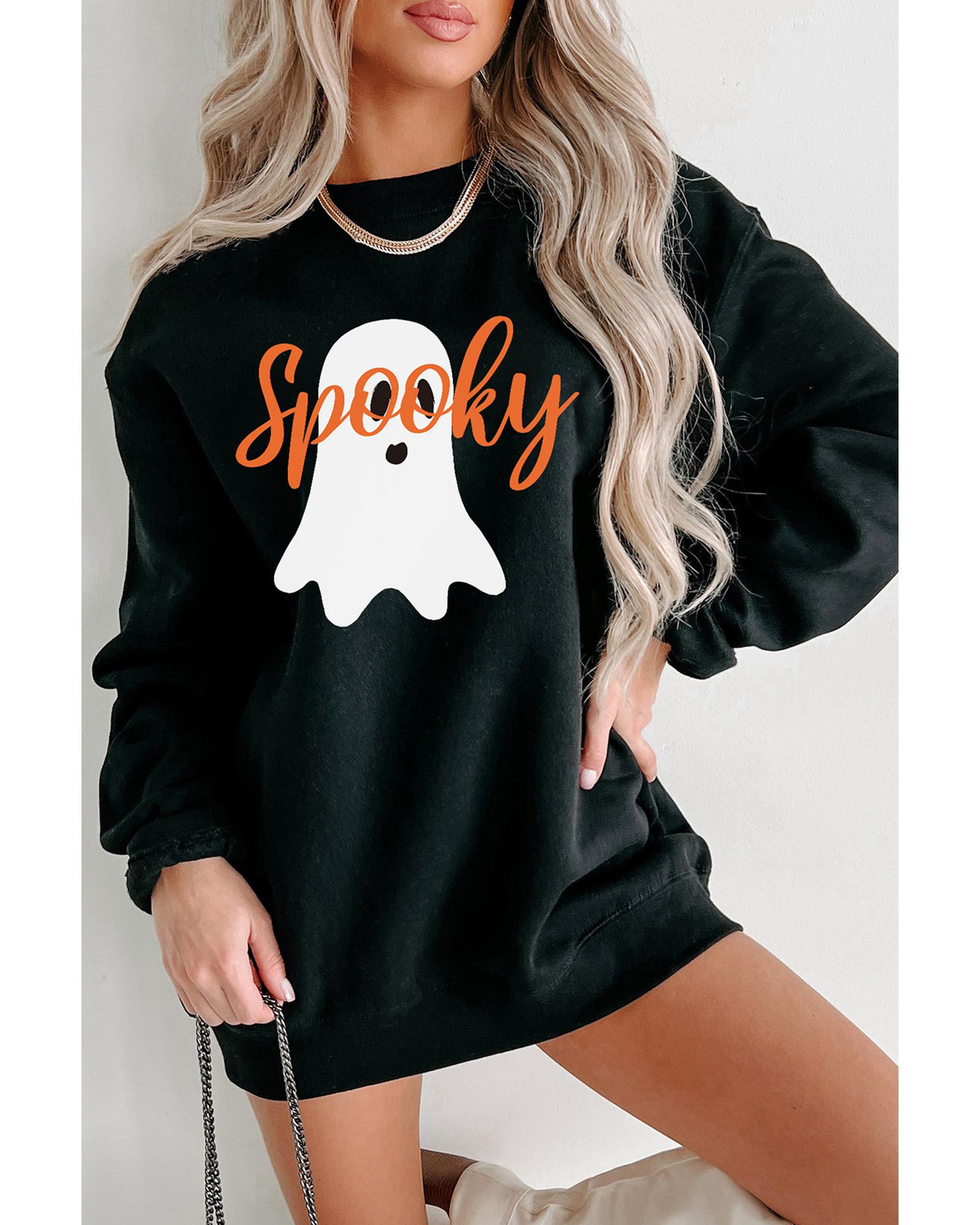 Black Halloween Spooky Ghost Print Crewneck Pullover Sweatshirt - S