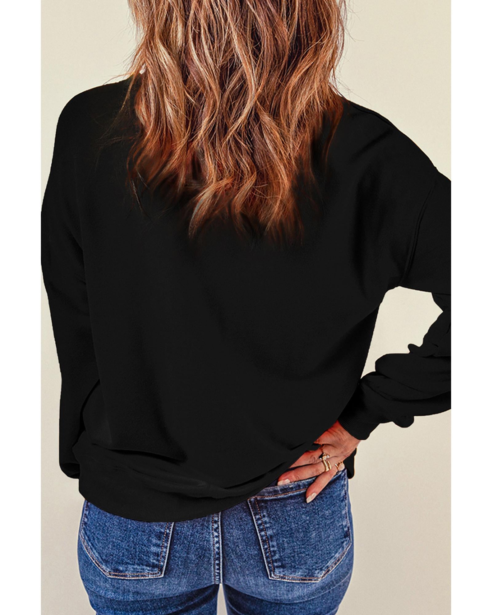 Black Halloween Spooky Ghost Print Crewneck Pullover Sweatshirt - S