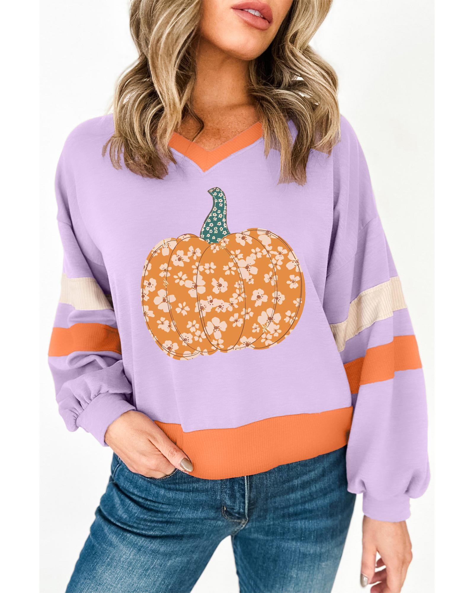 Orchid Bouquet Halloween Floral Pumpkin Color Block V Neck Sweatshirt - L