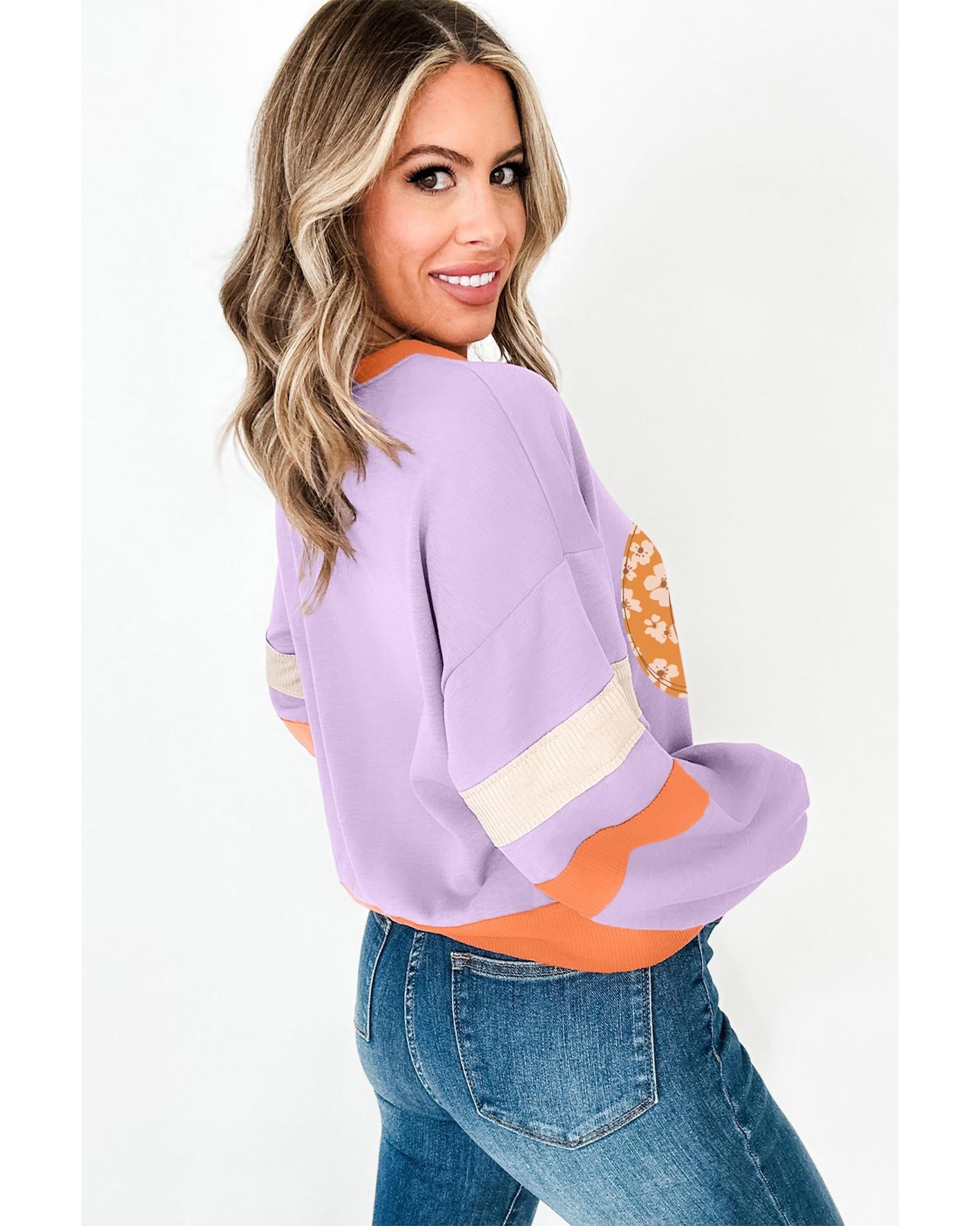 Orchid Bouquet Halloween Floral Pumpkin Color Block V Neck Sweatshirt - M