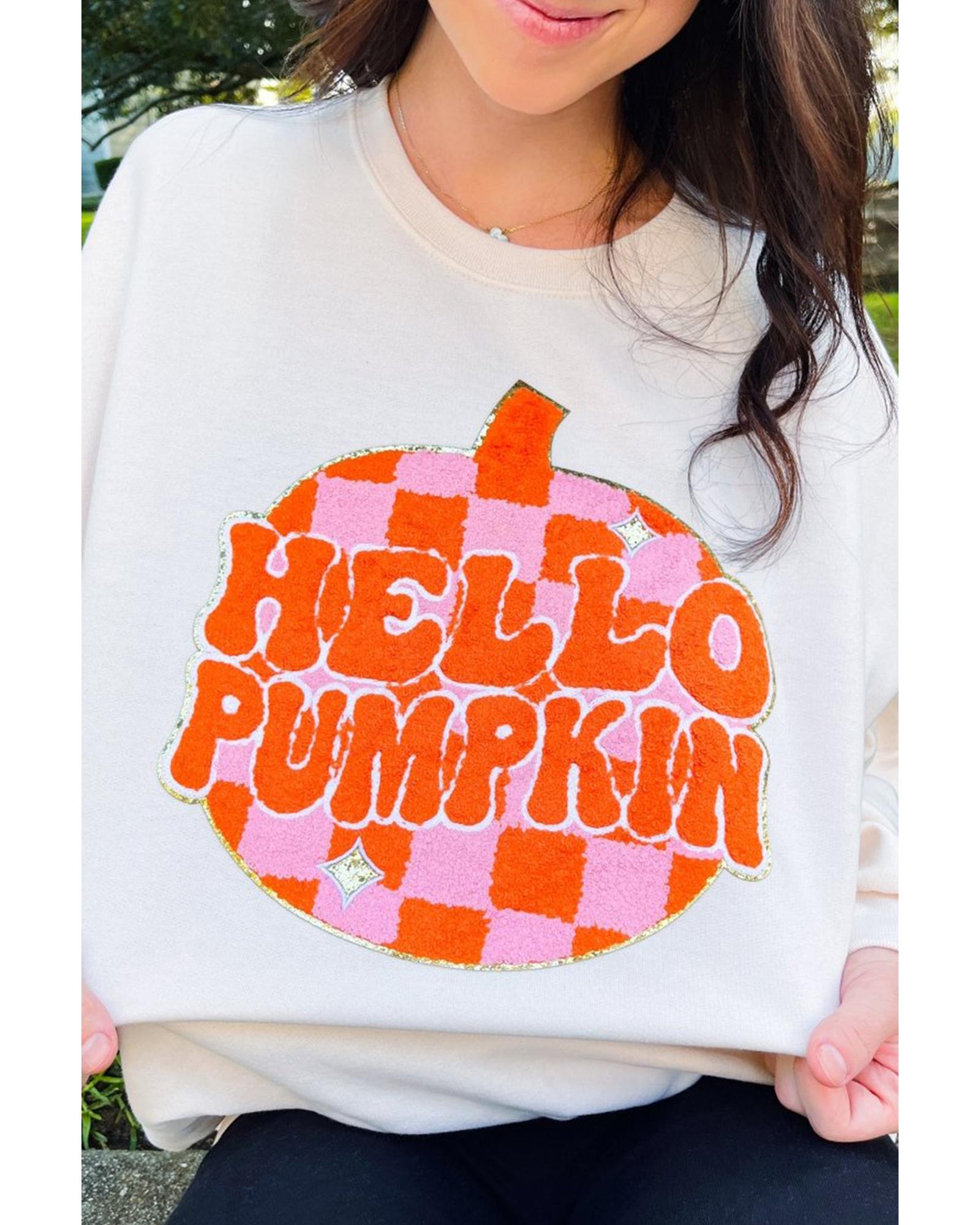 White Terry Halloween Pumpkin Patched Pattern Pullover Sweatshirt - S