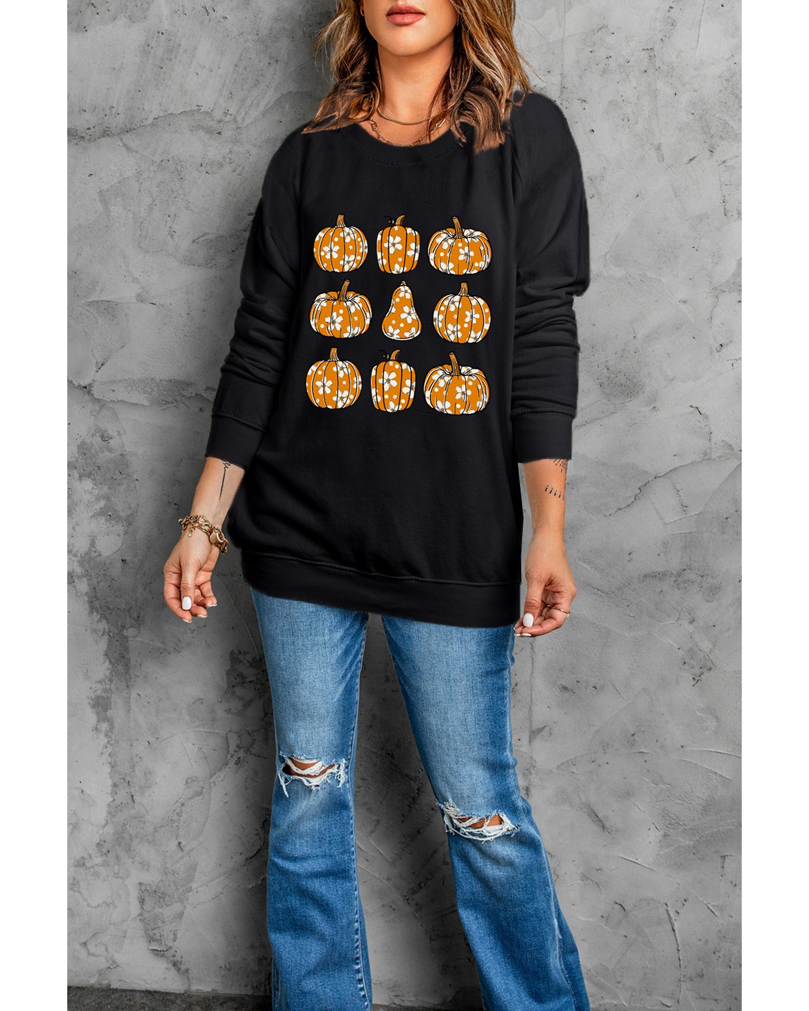 Black Floral Pumpkin Graphic Round Neck Halloween Sweatshirt - L