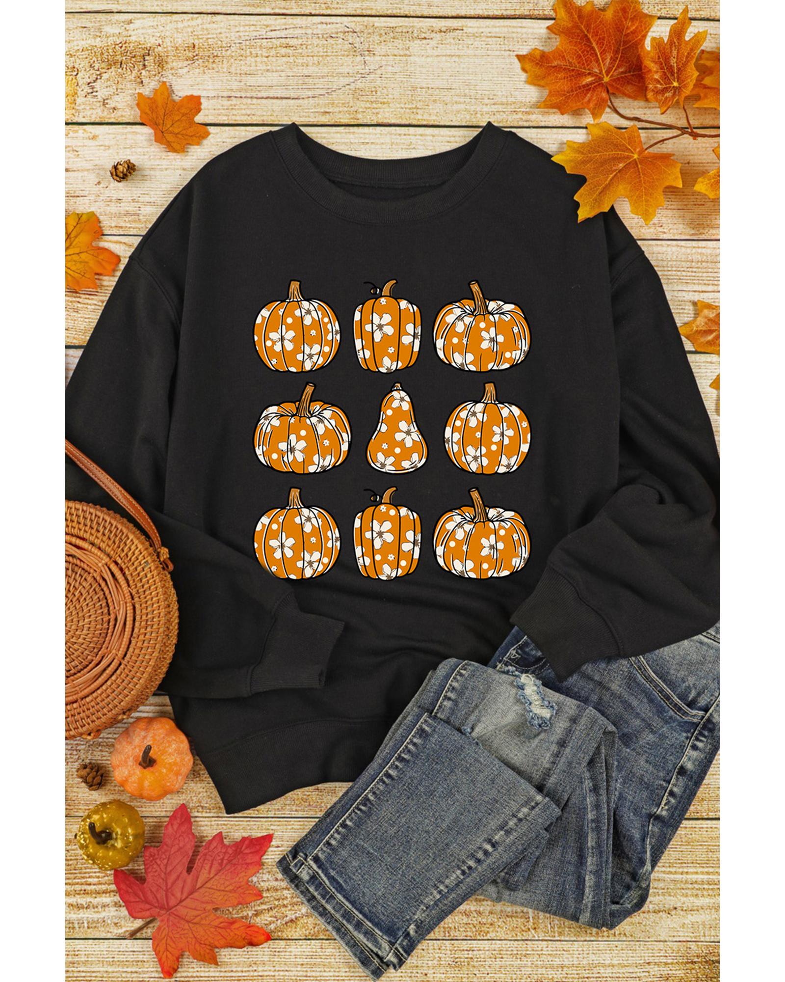 Black Floral Pumpkin Graphic Round Neck Halloween Sweatshirt - M