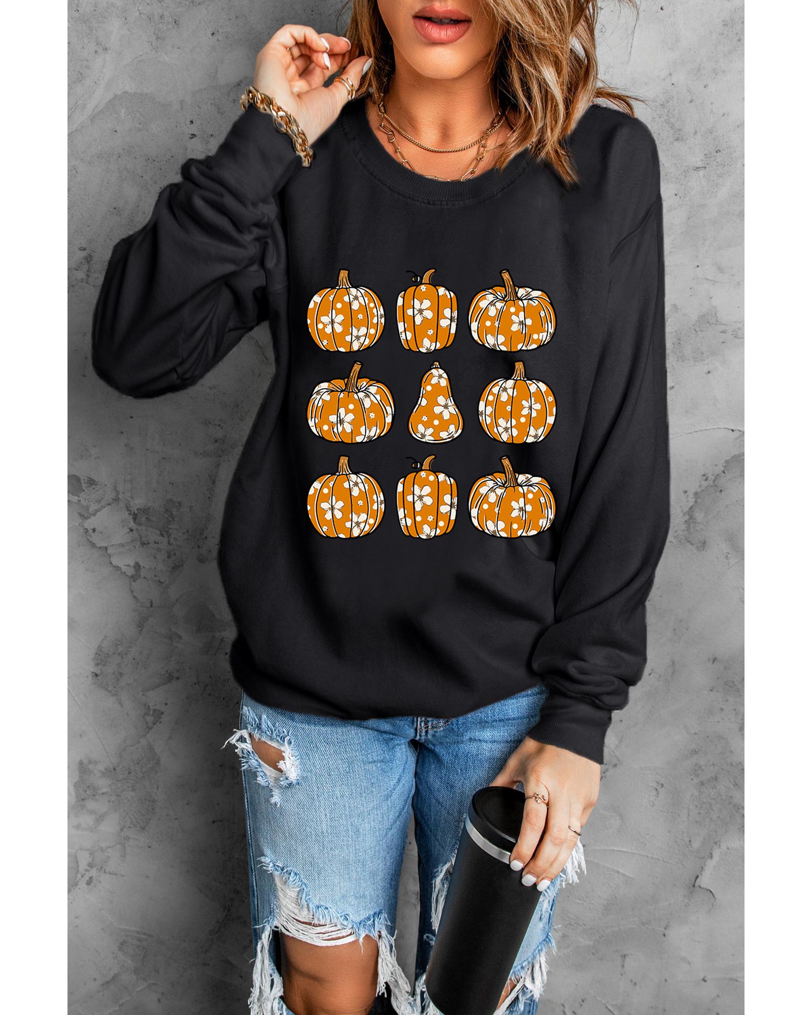 Black Floral Pumpkin Graphic Round Neck Halloween Sweatshirt - M