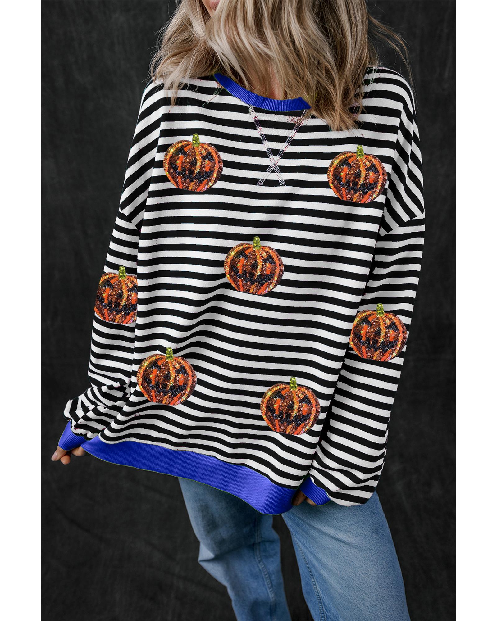 Black Stripe Funny Halloween Pumpkin Face Pattern Oversize Sweatshirt - L