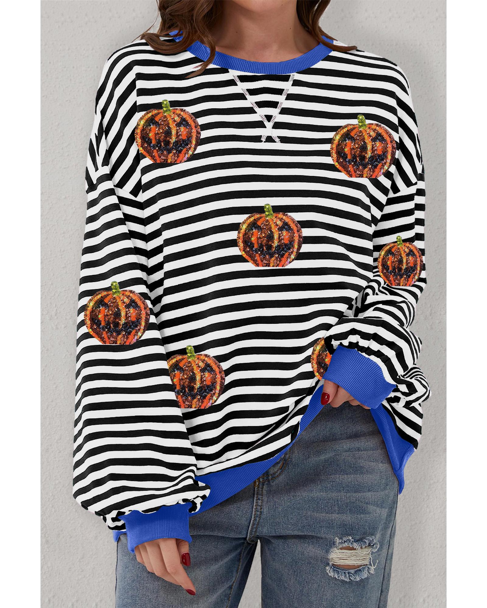 Black Stripe Funny Halloween Pumpkin Face Pattern Oversize Sweatshirt - S