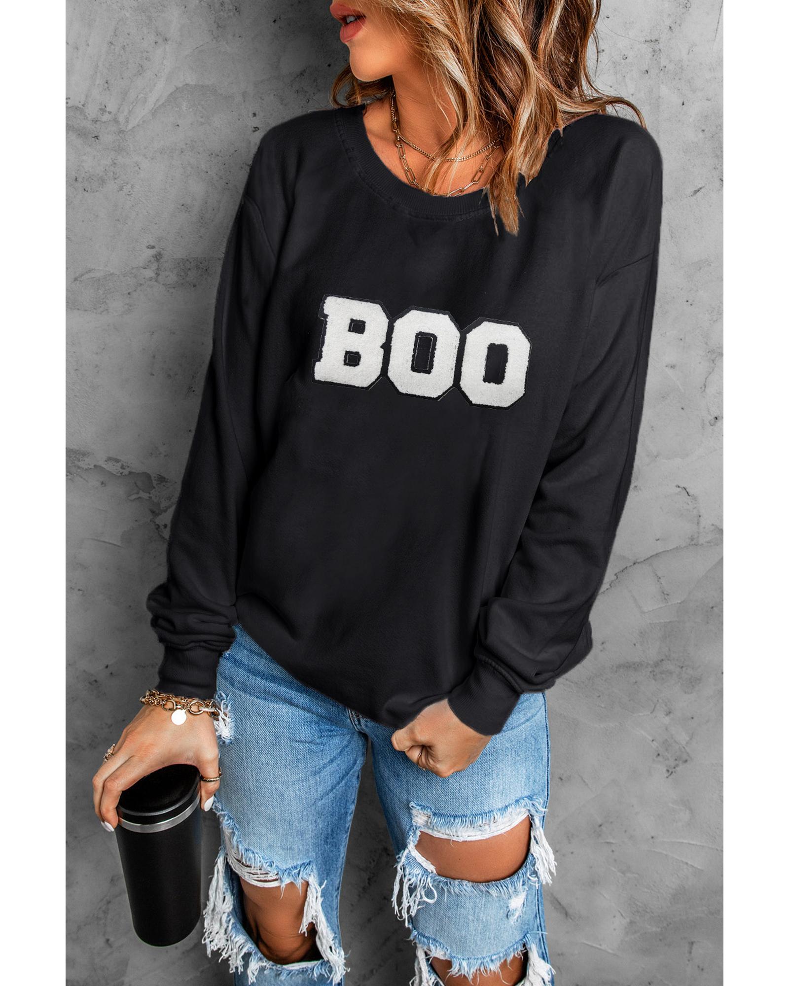 Black Chenille BOO Patched Pattern Crewneck Halloween Sweatshirt - L