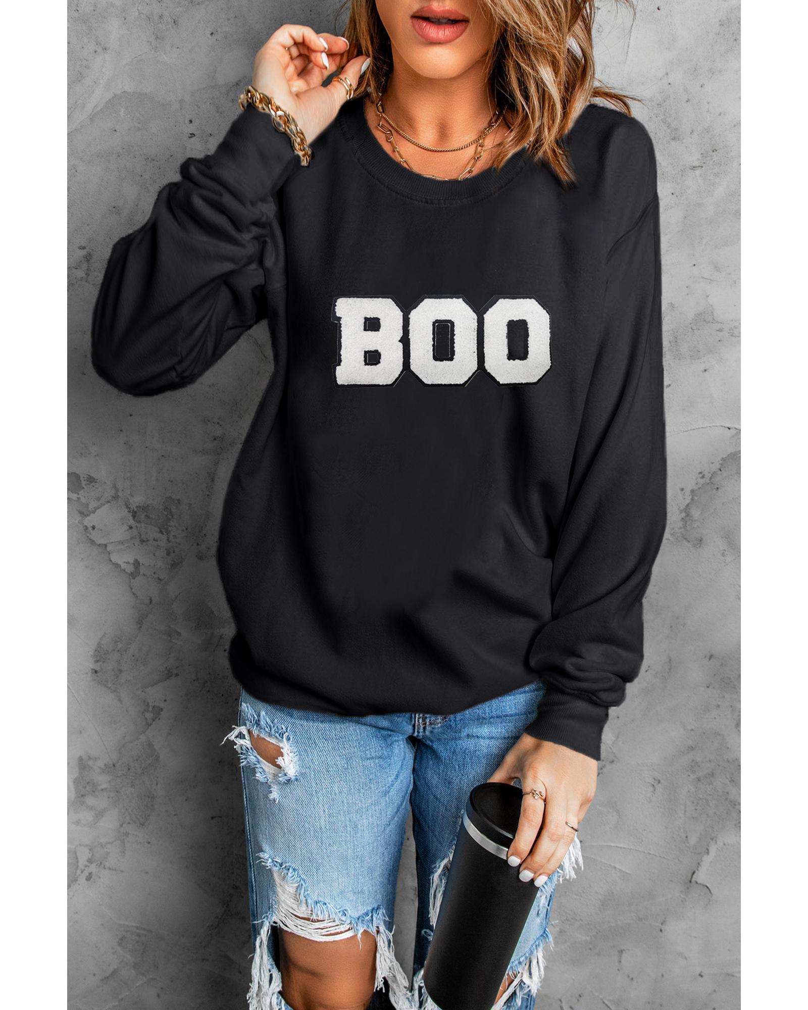 Black Chenille BOO Patched Pattern Crewneck Halloween Sweatshirt - M