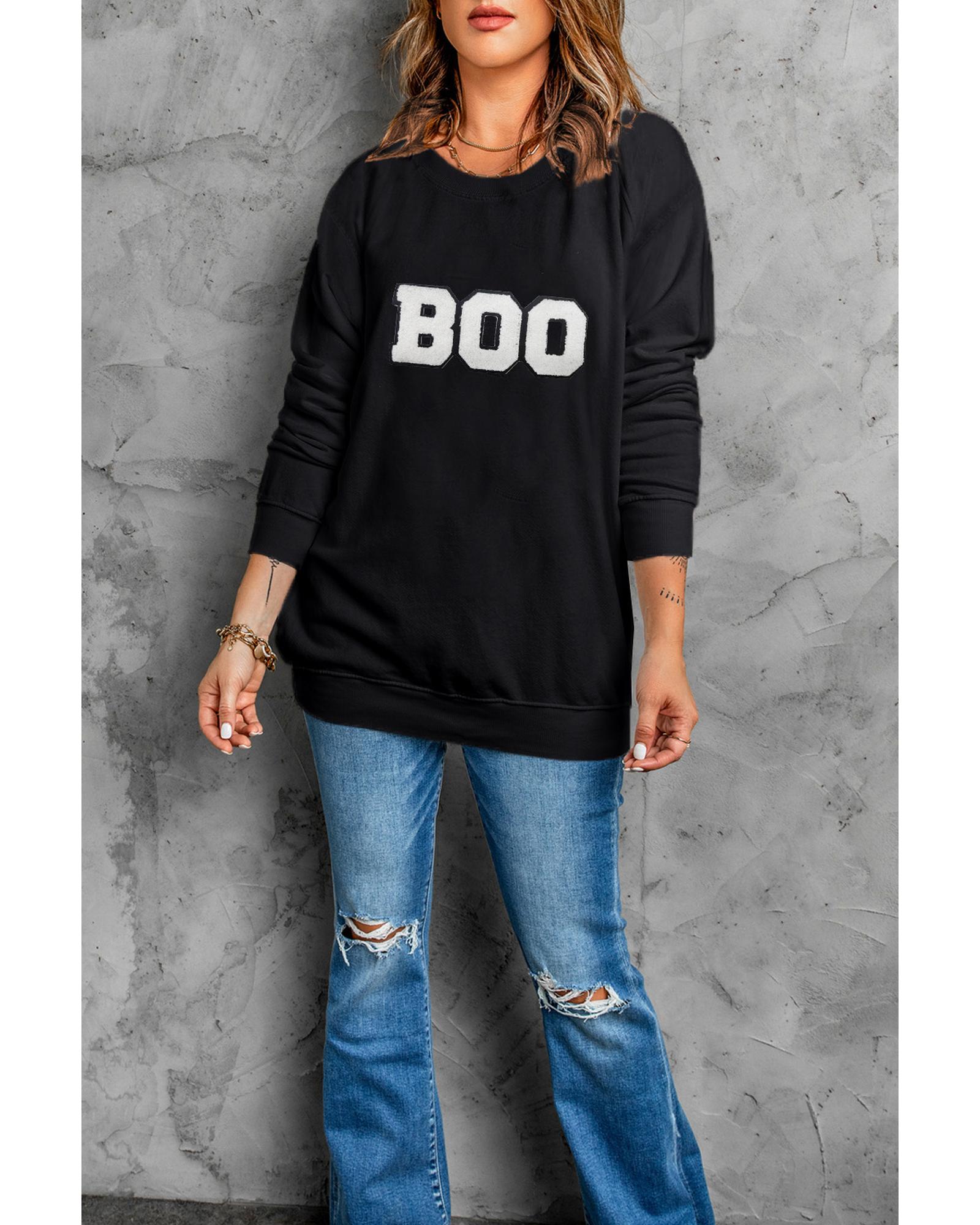 Black Chenille BOO Patched Pattern Crewneck Halloween Sweatshirt - XL