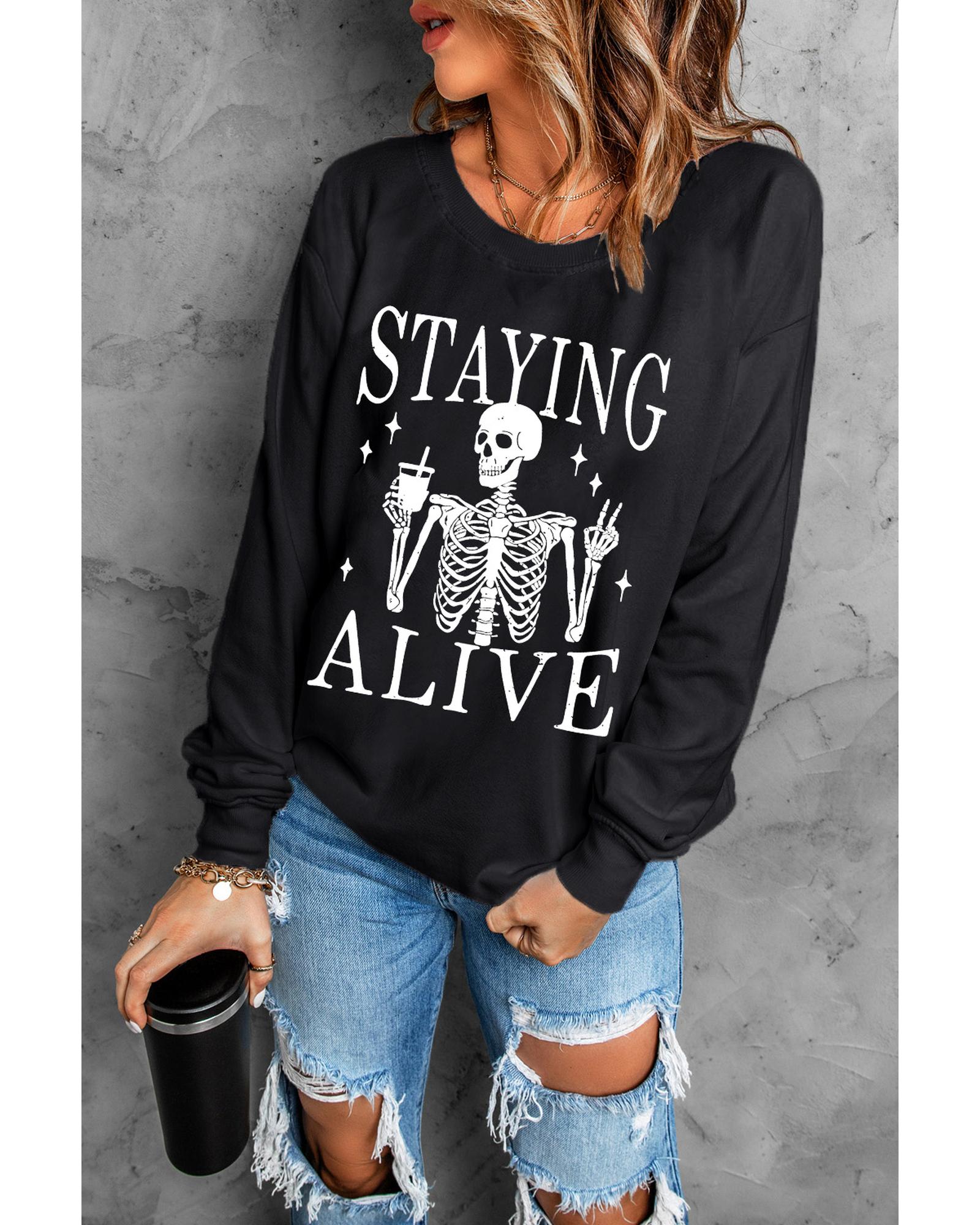 Black STAYING ALIVE Skull Graphic Crewneck Halloween Sweatshirt - S