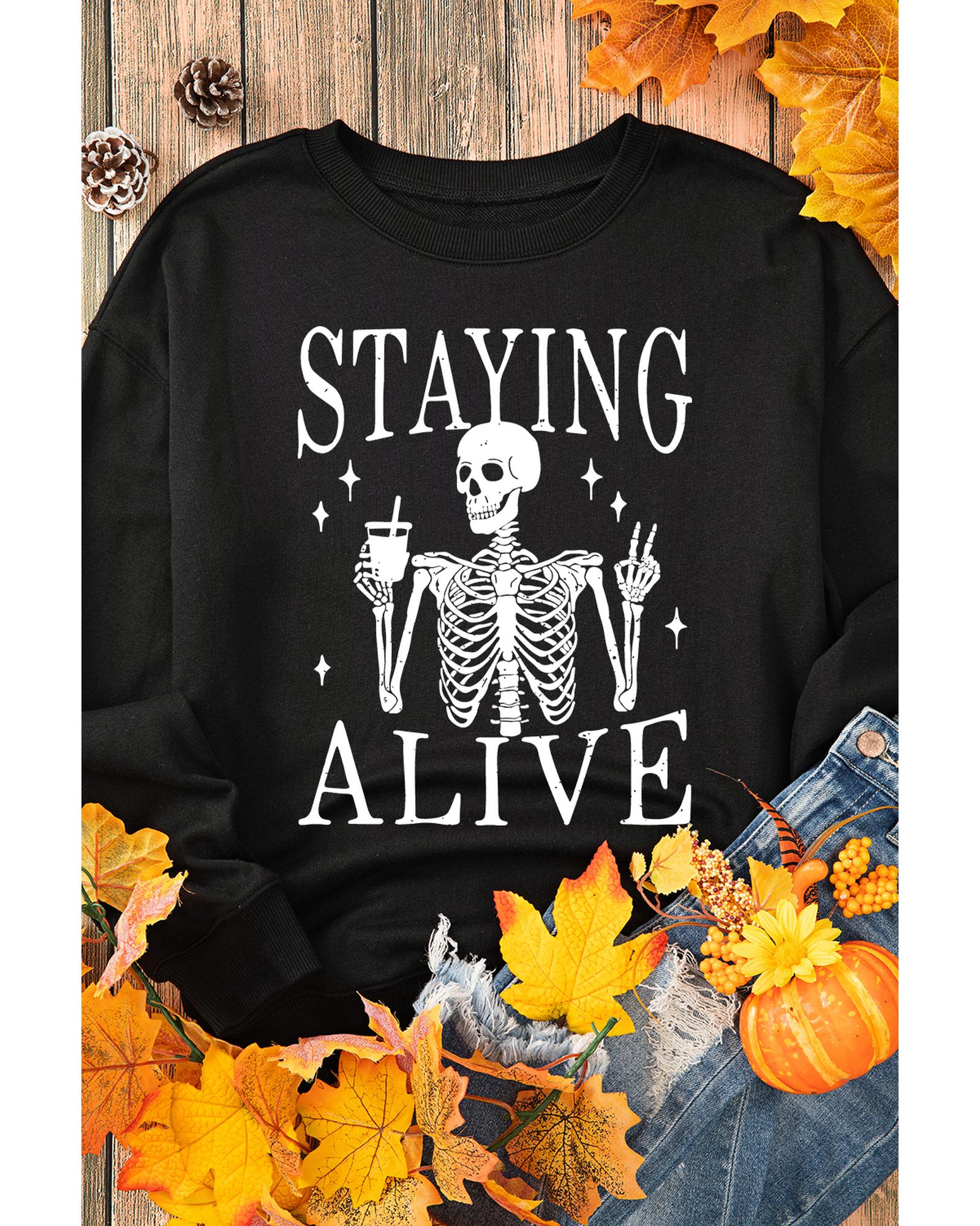 Black STAYING ALIVE Skull Graphic Crewneck Halloween Sweatshirt - S
