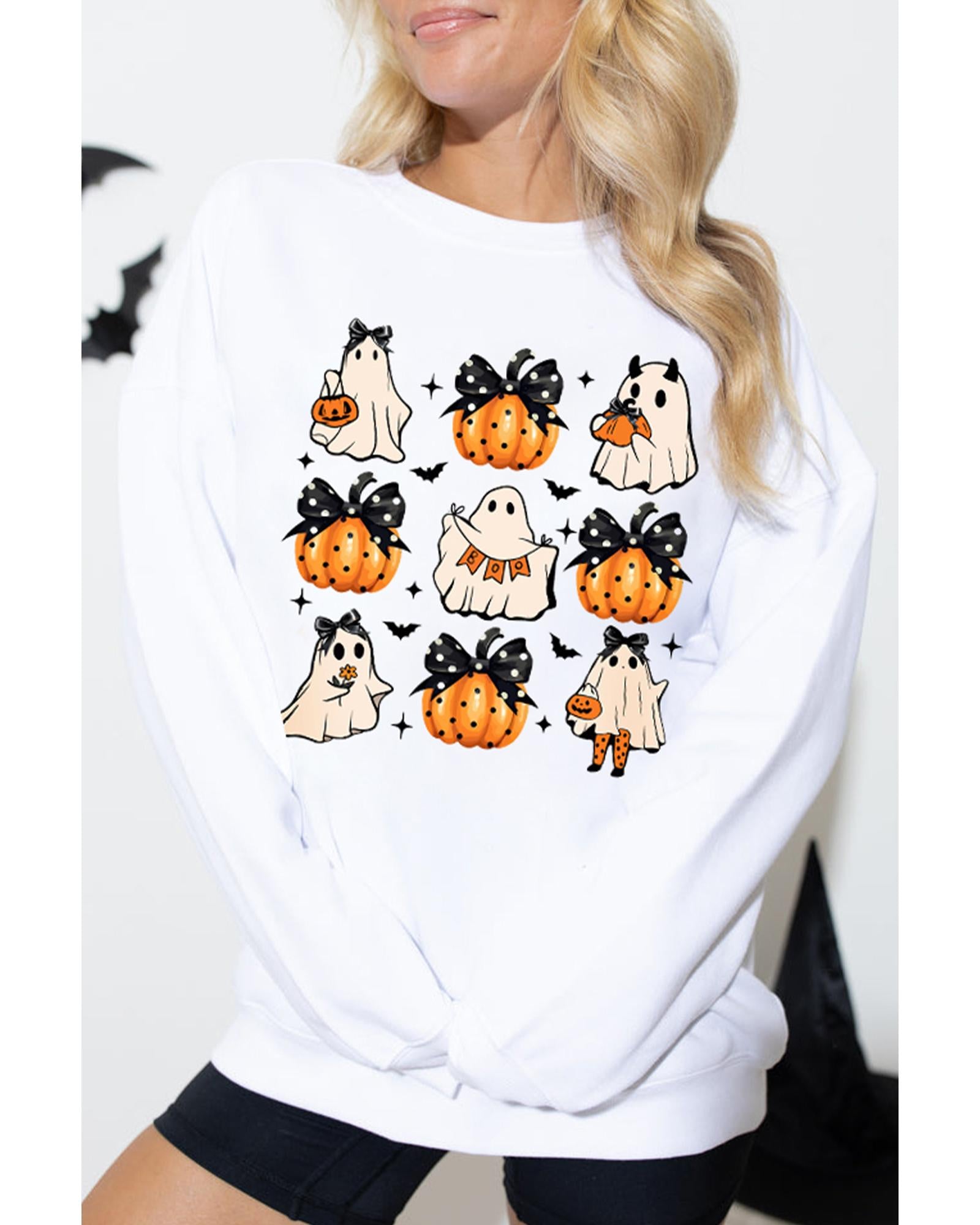 Beige Halloween Ghost Pumpkin Print Crew Neck Sweatshirt - 2XL