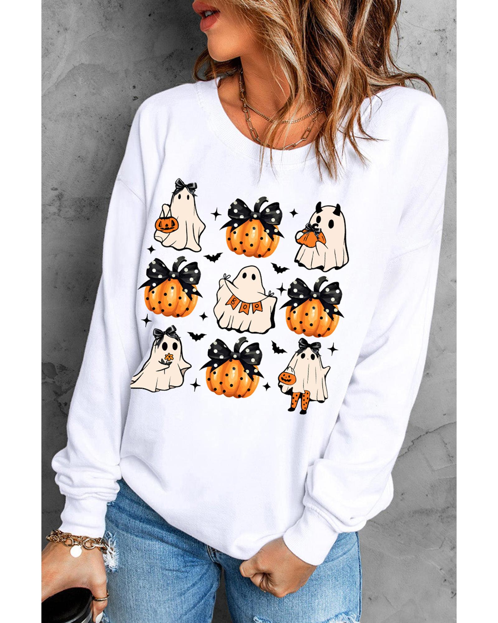 Beige Halloween Ghost Pumpkin Print Crew Neck Sweatshirt - L