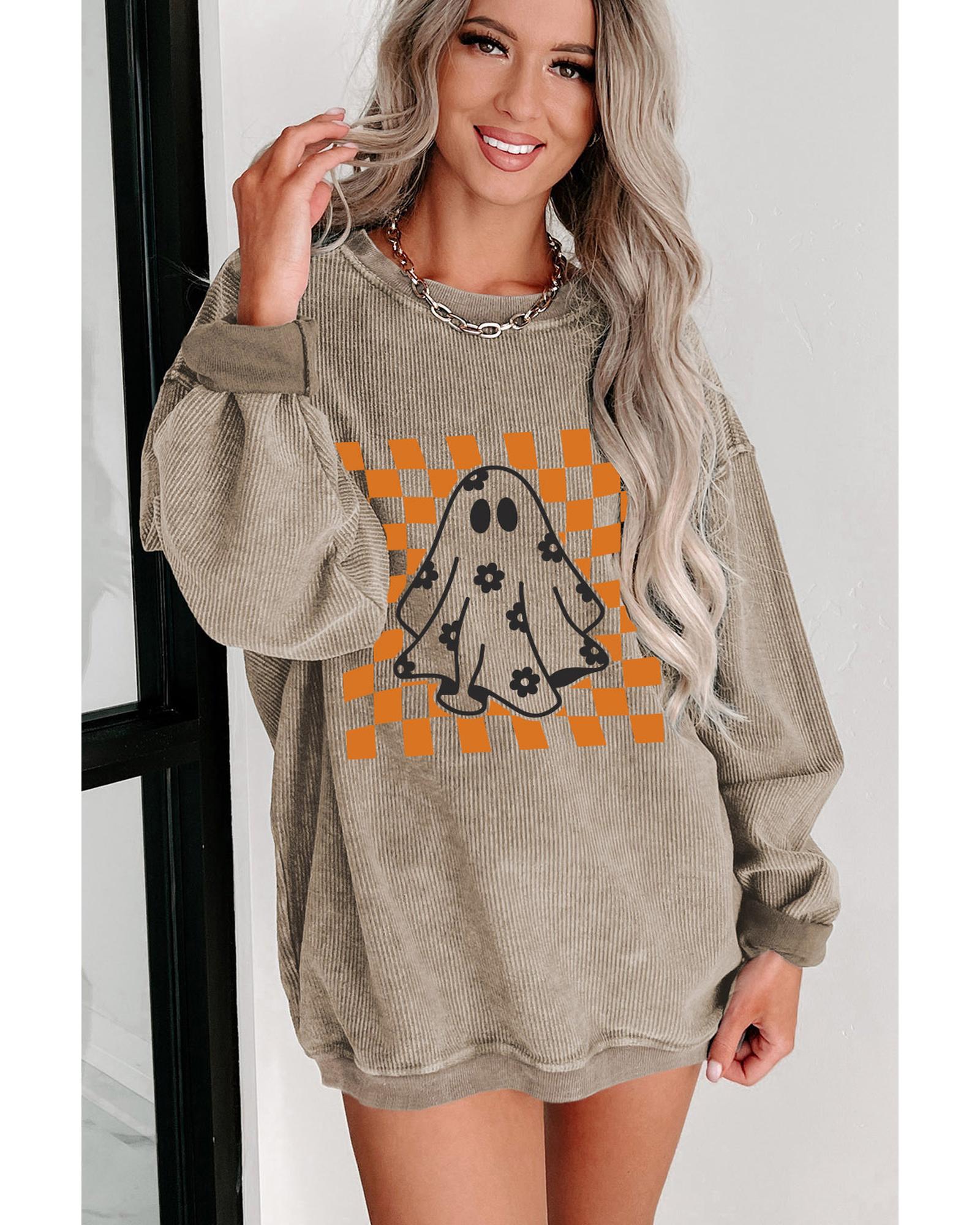 Khaki Checkerboard Floral Ghost Graphic Corded Halloween Sweatshirt - L