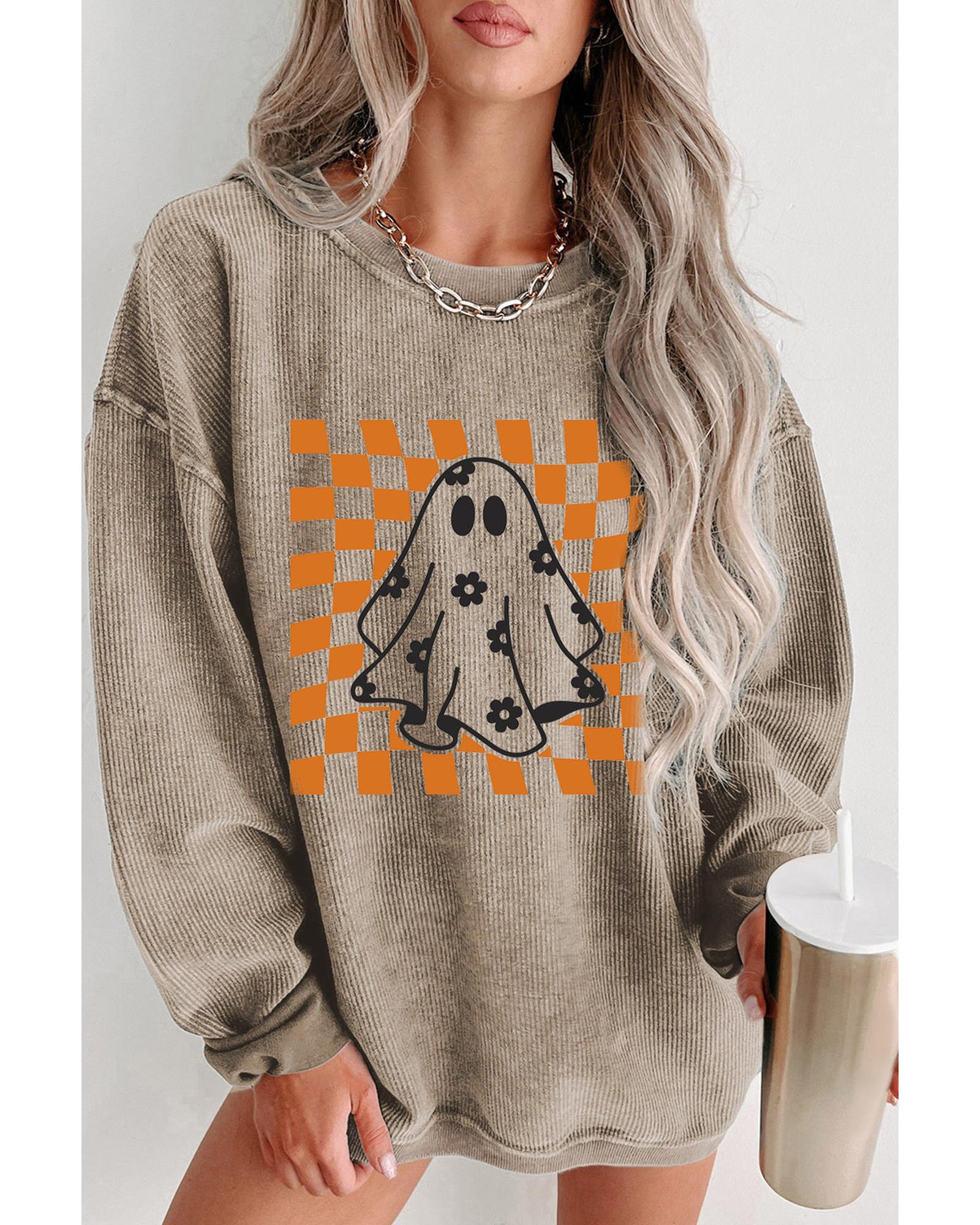 Khaki Checkerboard Floral Ghost Graphic Corded Halloween Sweatshirt - M