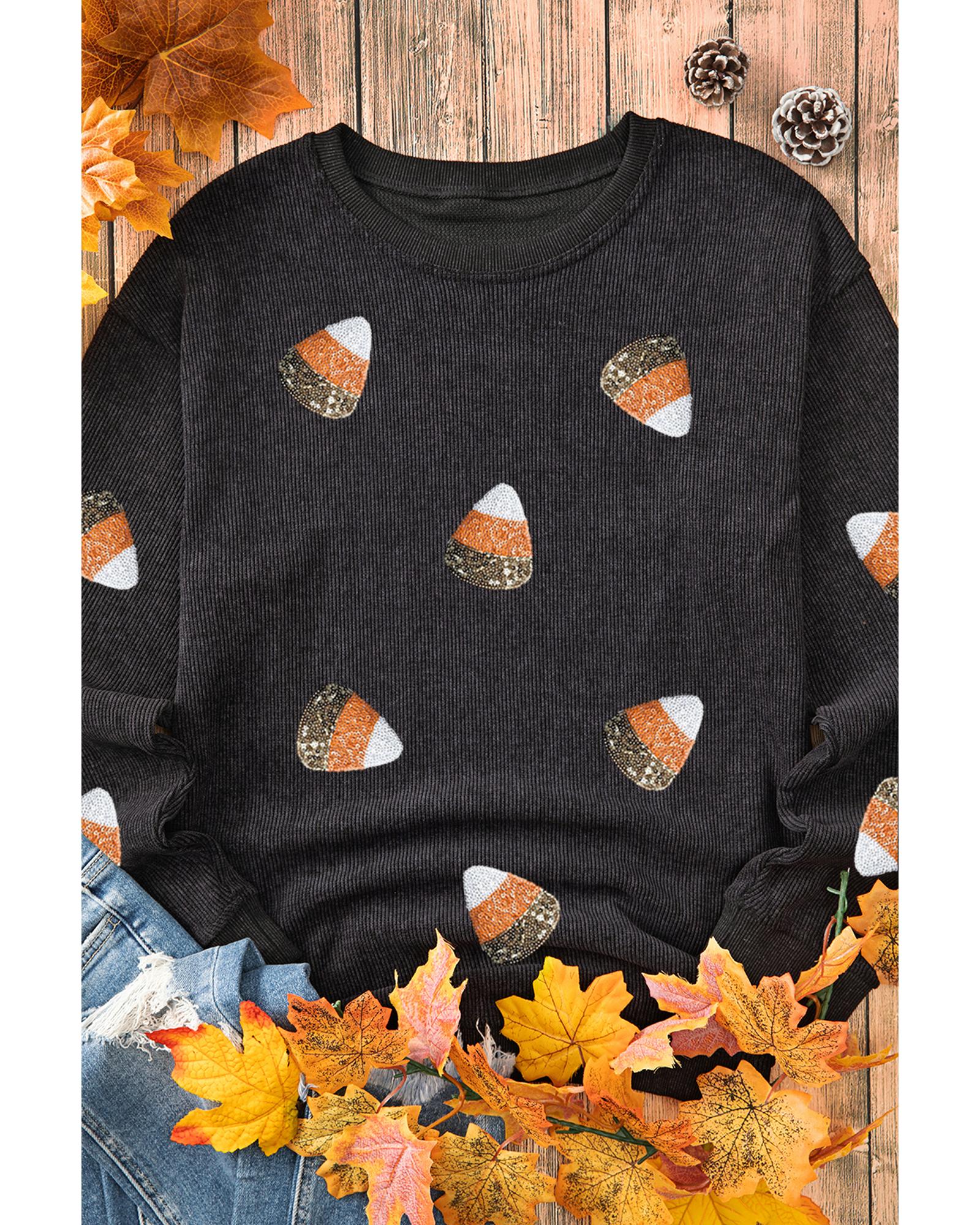 Black Sequin Candy Corn Patched Corded Halloween Sweatshirt - 2XL