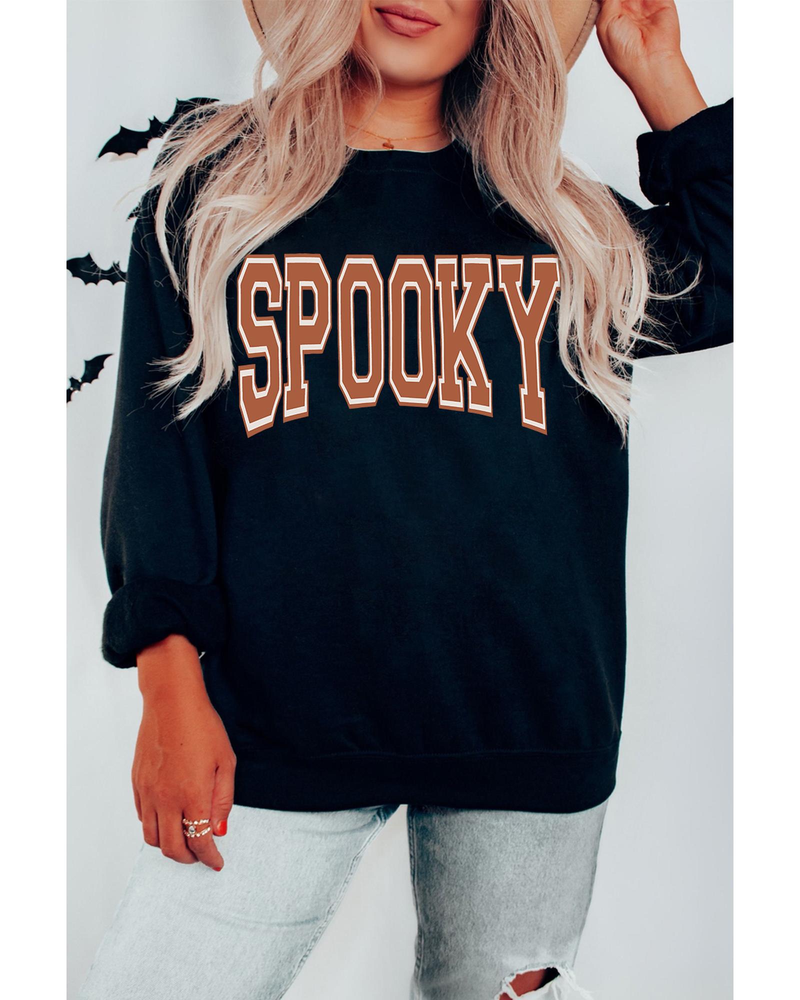 Black SPOOKY Graphic Drop Shoulder Halloween Pullover Sweatshirt - L