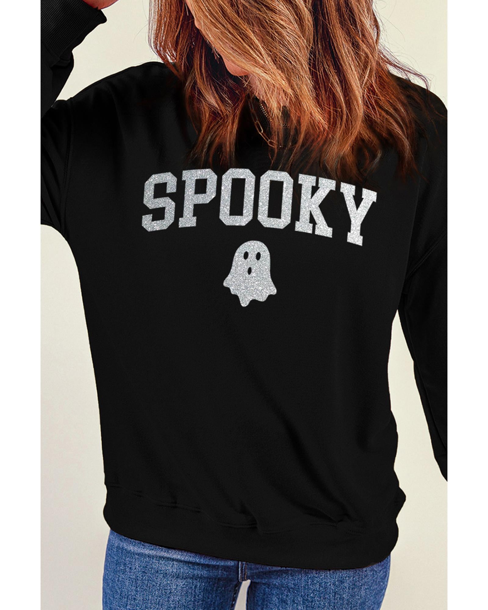 Black Glitter SPOOKY Ghost Pattern Crew Neck Halloween Sweatshirt - M