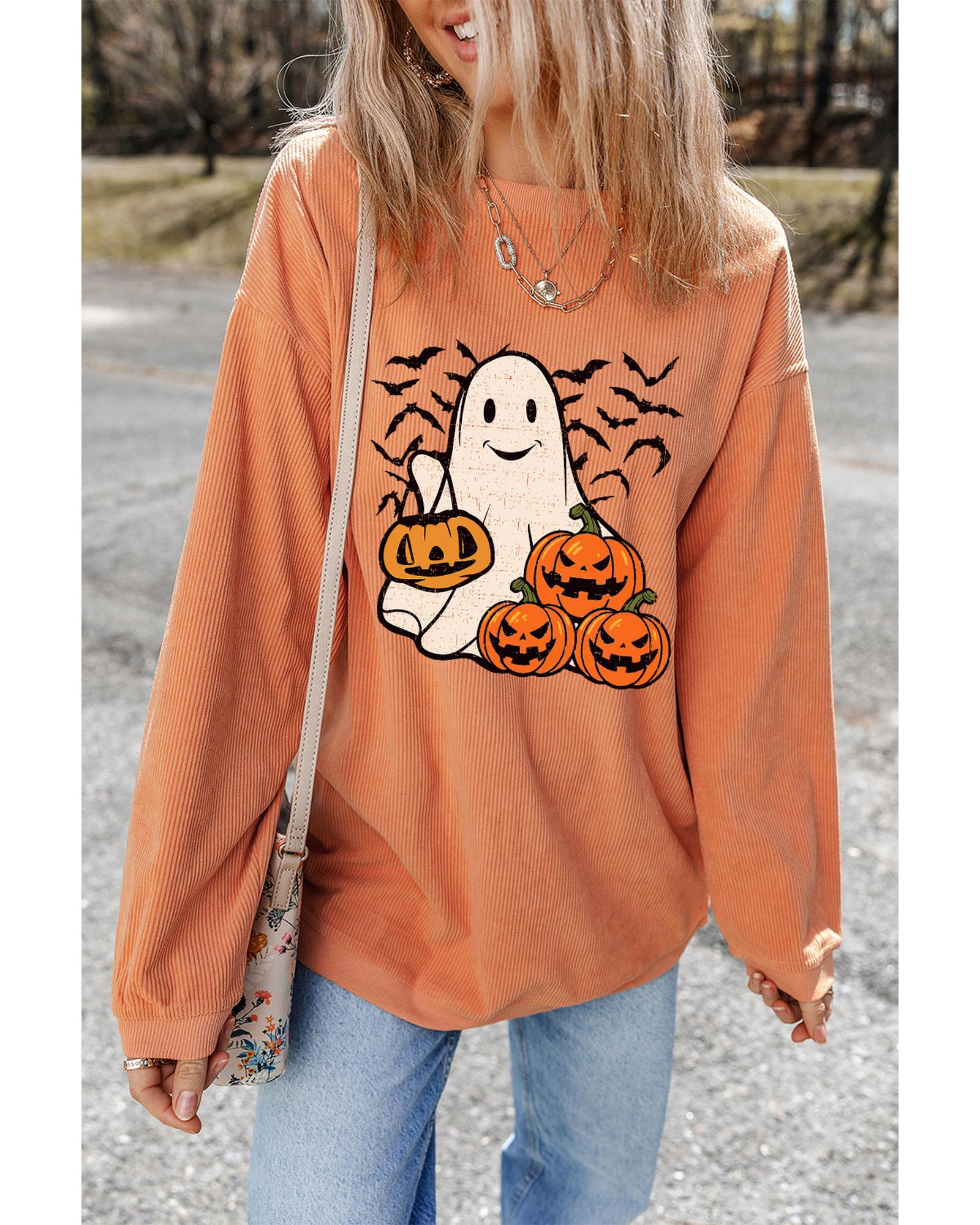 Orange Halloween Ghost Pumpkin Bat Print Corded Pullover Sweatshirt - L