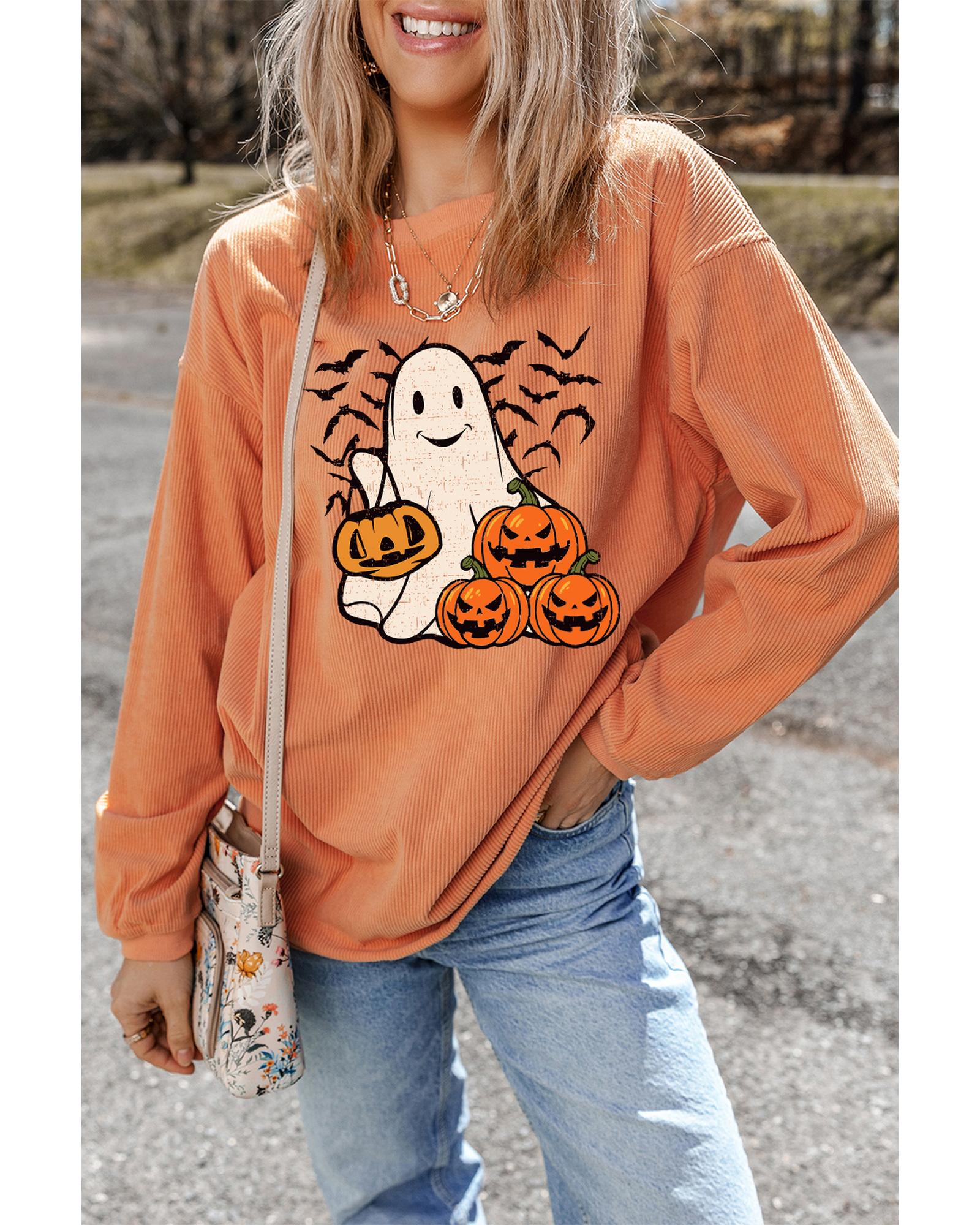 Orange Halloween Ghost Pumpkin Bat Print Corded Pullover Sweatshirt - L